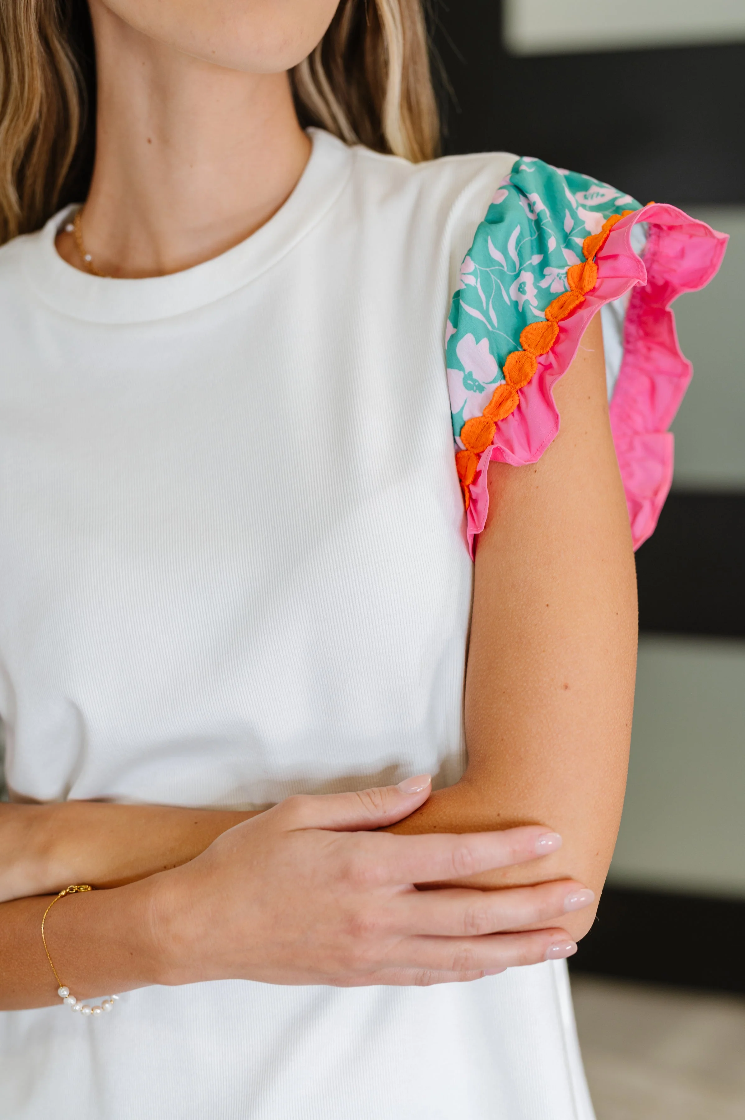 Petals & Poise Floral Flutter Sleeve Top in White - Image 2