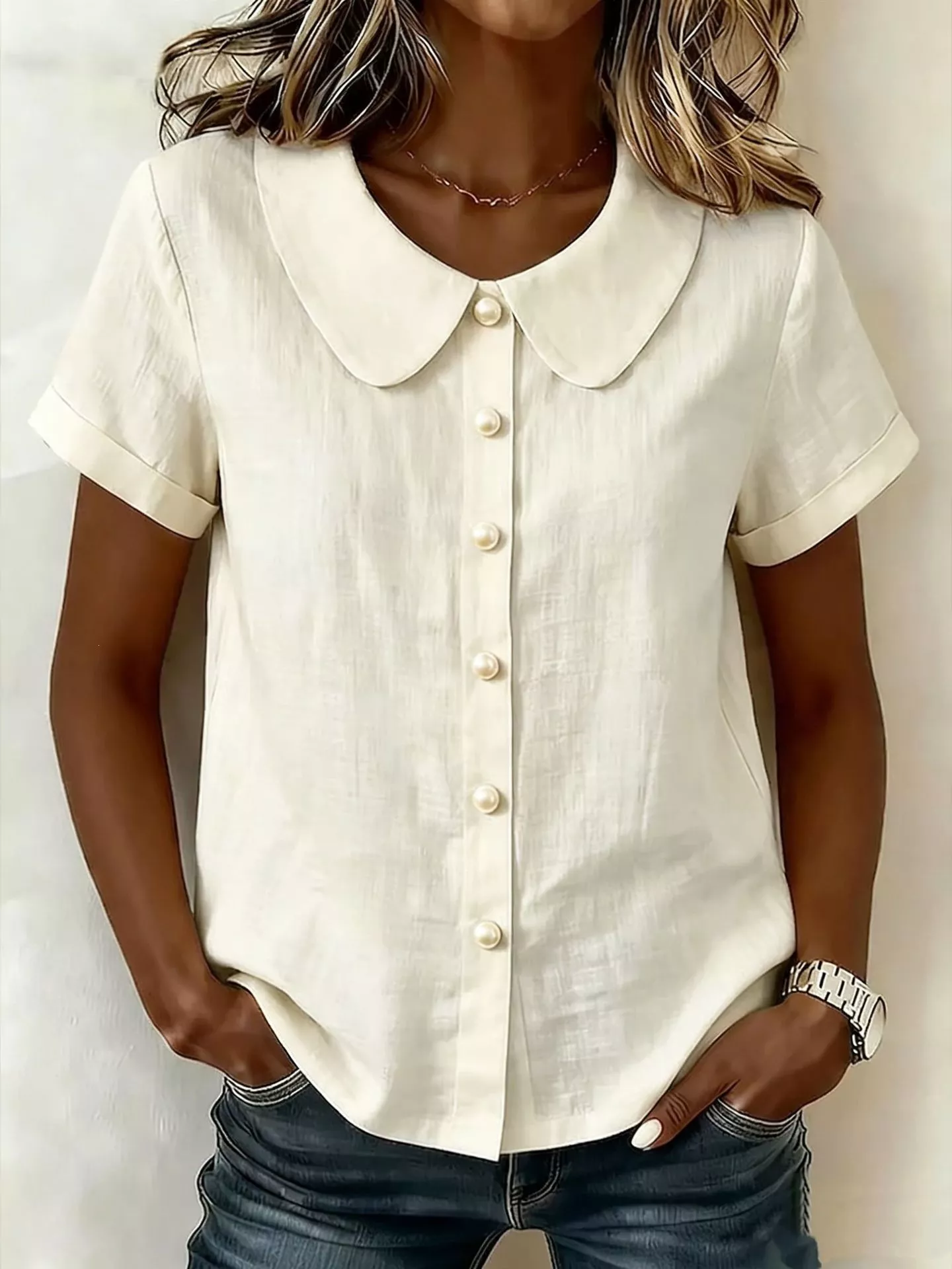 Peter Pan Collar Pearl Button Short Sleeve Shirt - Image 5