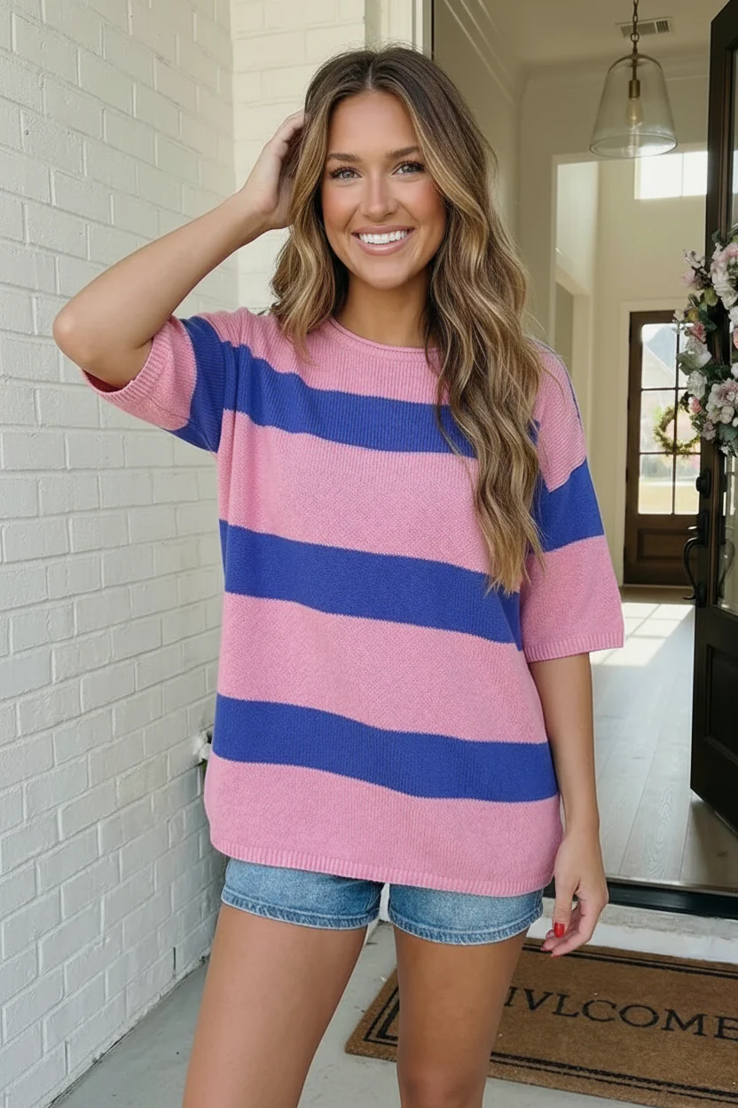 Skip the Line Pink and Blue Oversized Sweater Top - Image 6