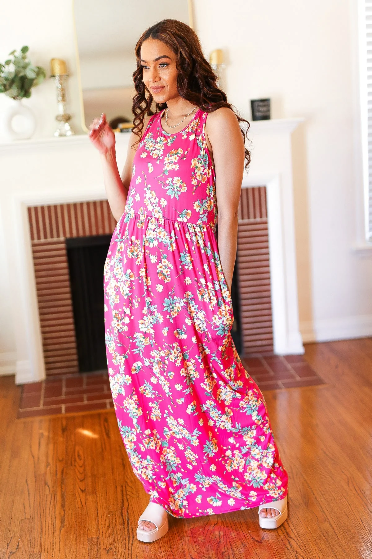 Pink Floral Print Fit and Flare Sleeveless Maxi Dress - Image 8