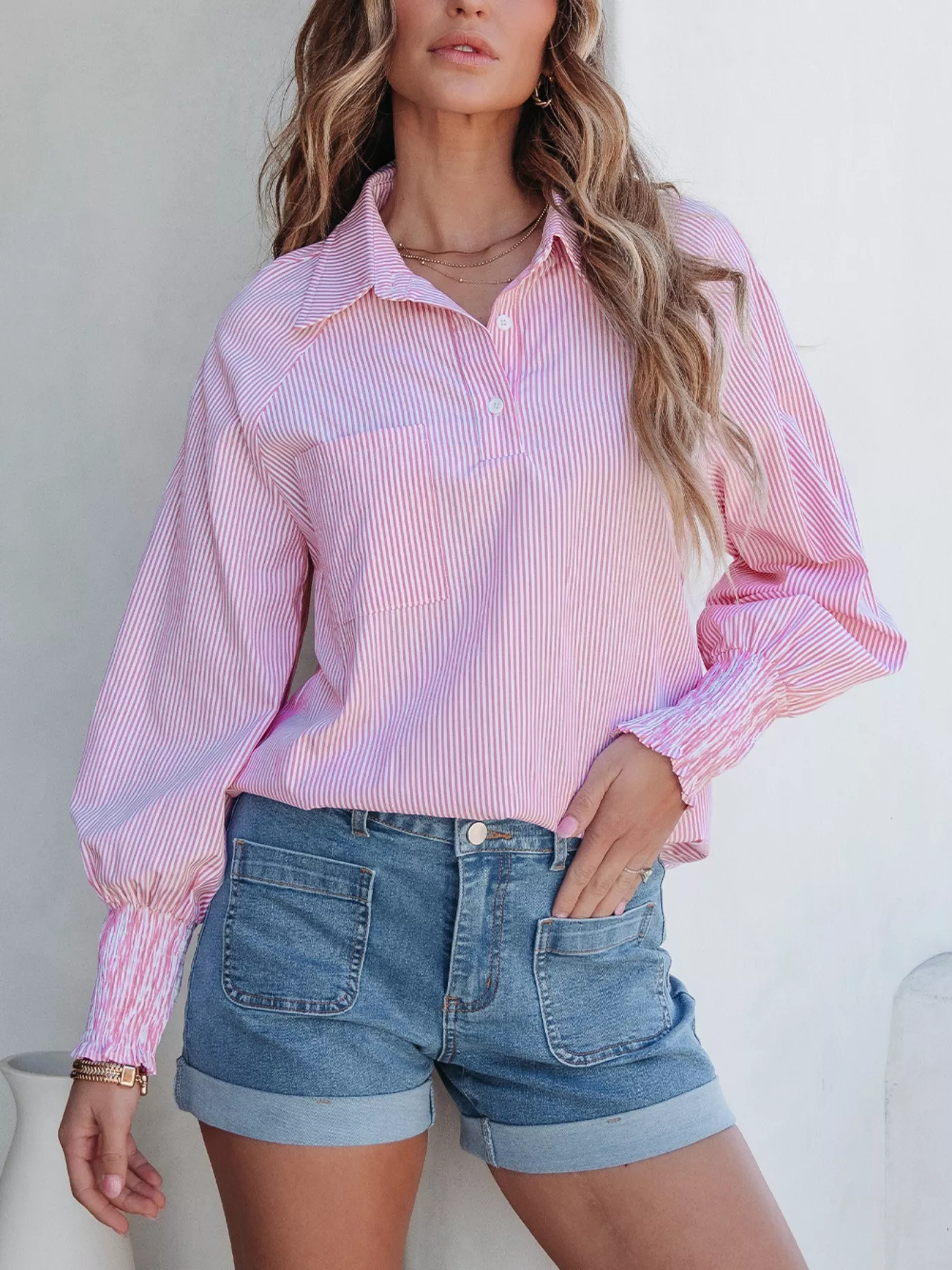 Pinstripe Long Sleeve Smocked Cuffs Button Shirt Collar Blouse