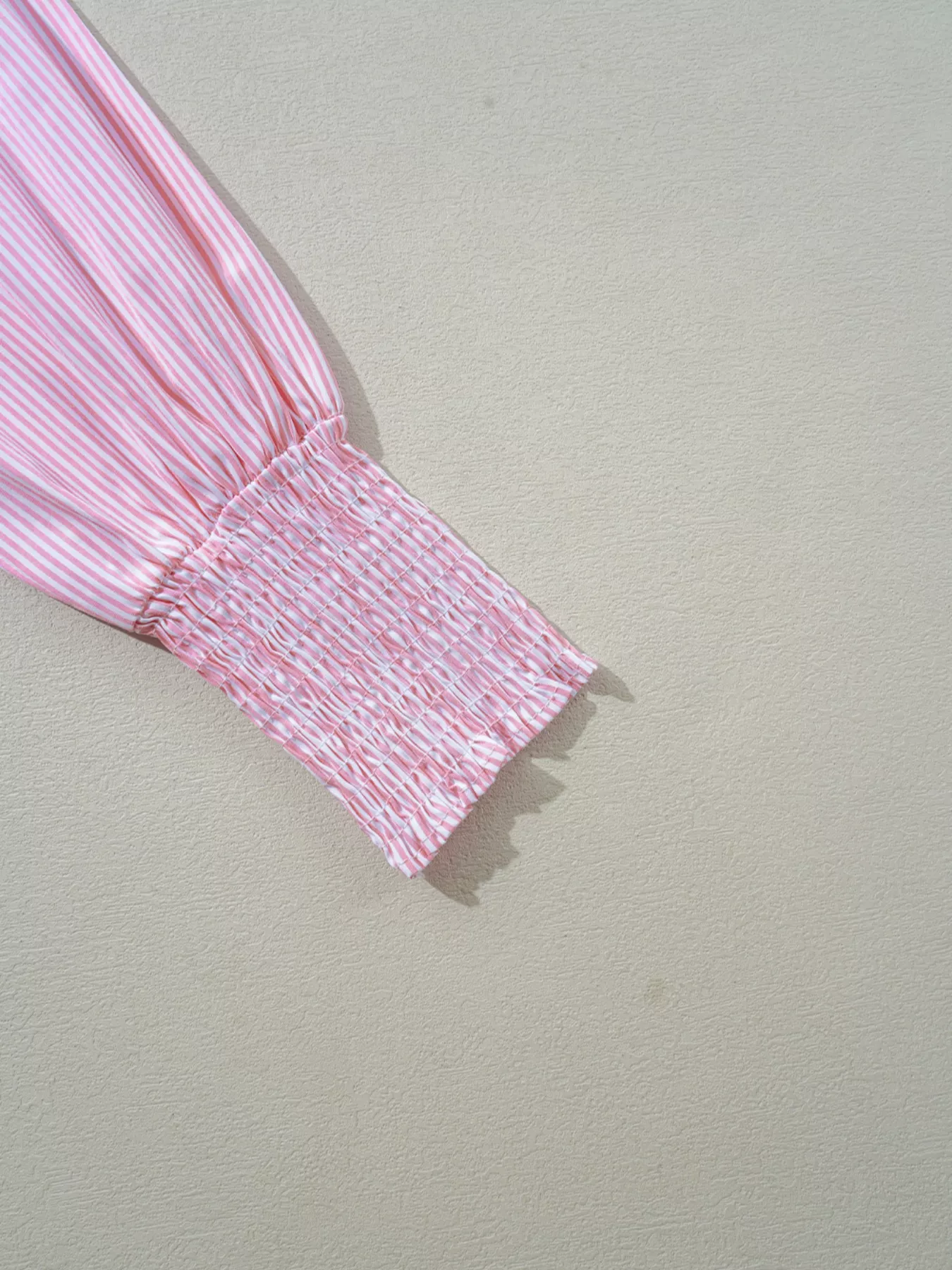 Pinstripe Long Sleeve Smocked Cuffs Button Shirt Collar Blouse - Image 10