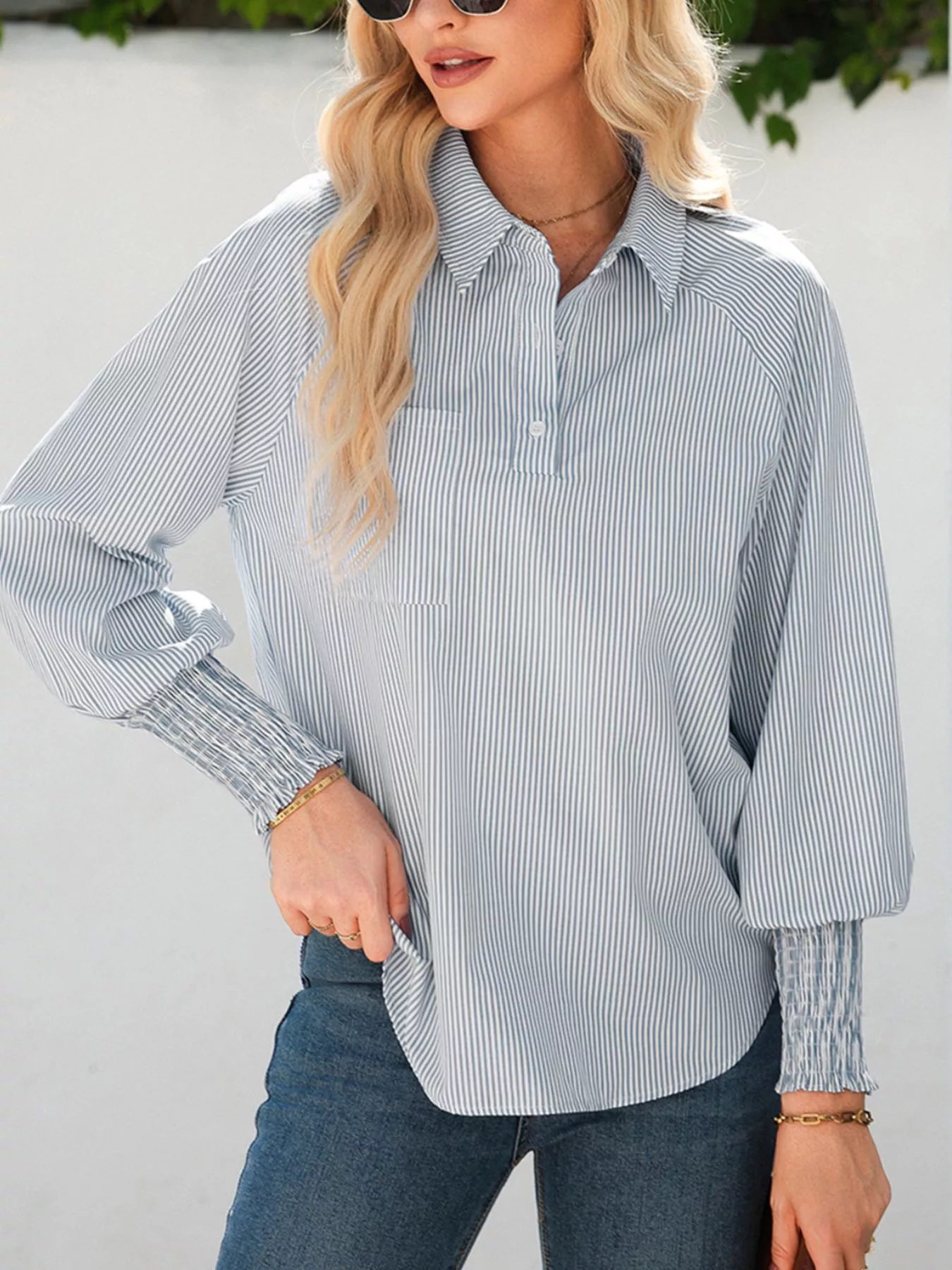 Pinstripe Long Sleeve Smocked Cuffs Button Shirt Collar Blouse - Image 11