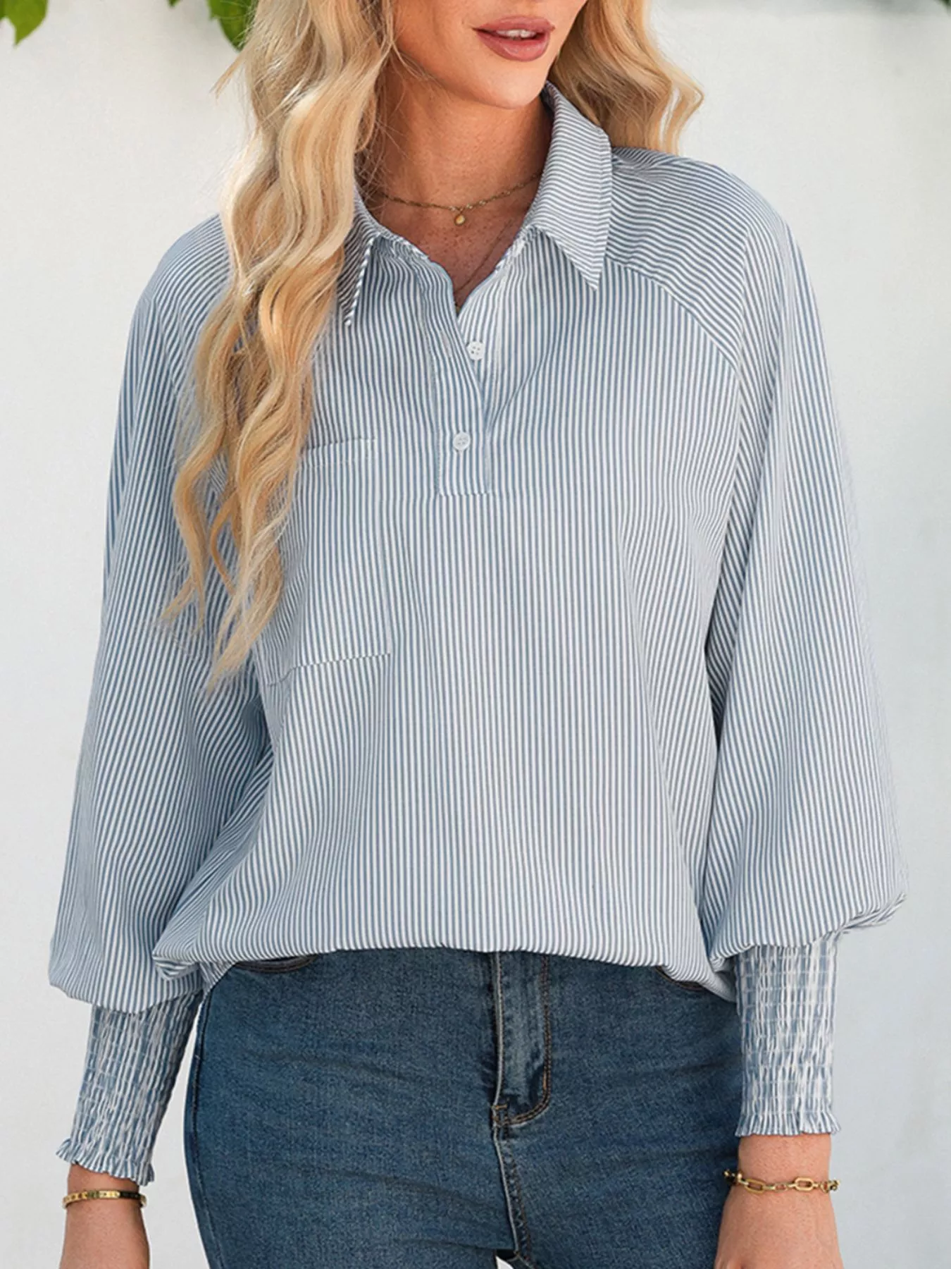 Pinstripe Long Sleeve Smocked Cuffs Button Shirt Collar Blouse - Image 12