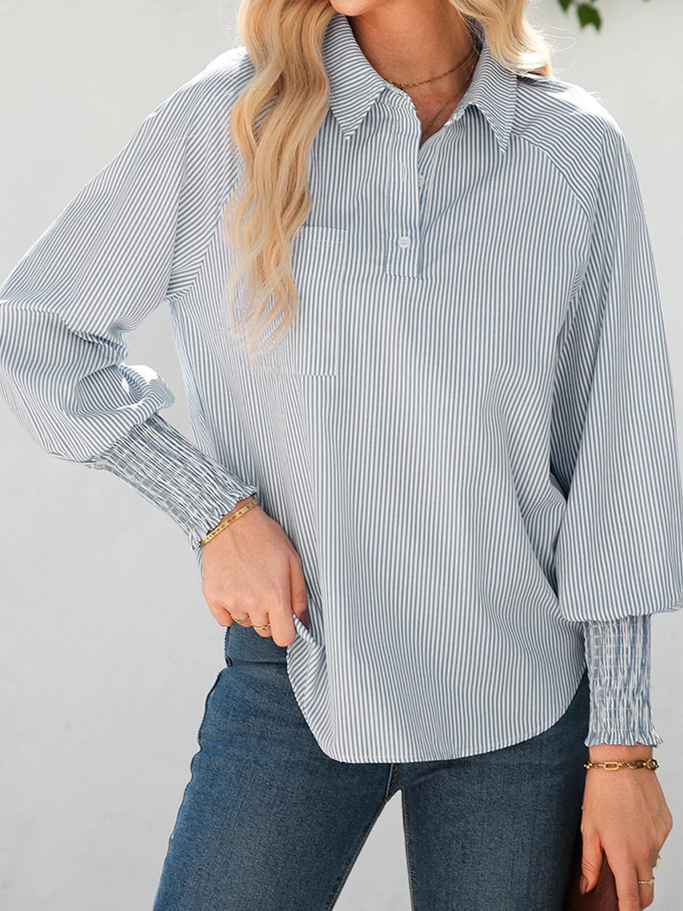 Pinstripe Long Sleeve Smocked Cuffs Button Shirt Collar Blouse - Image 13