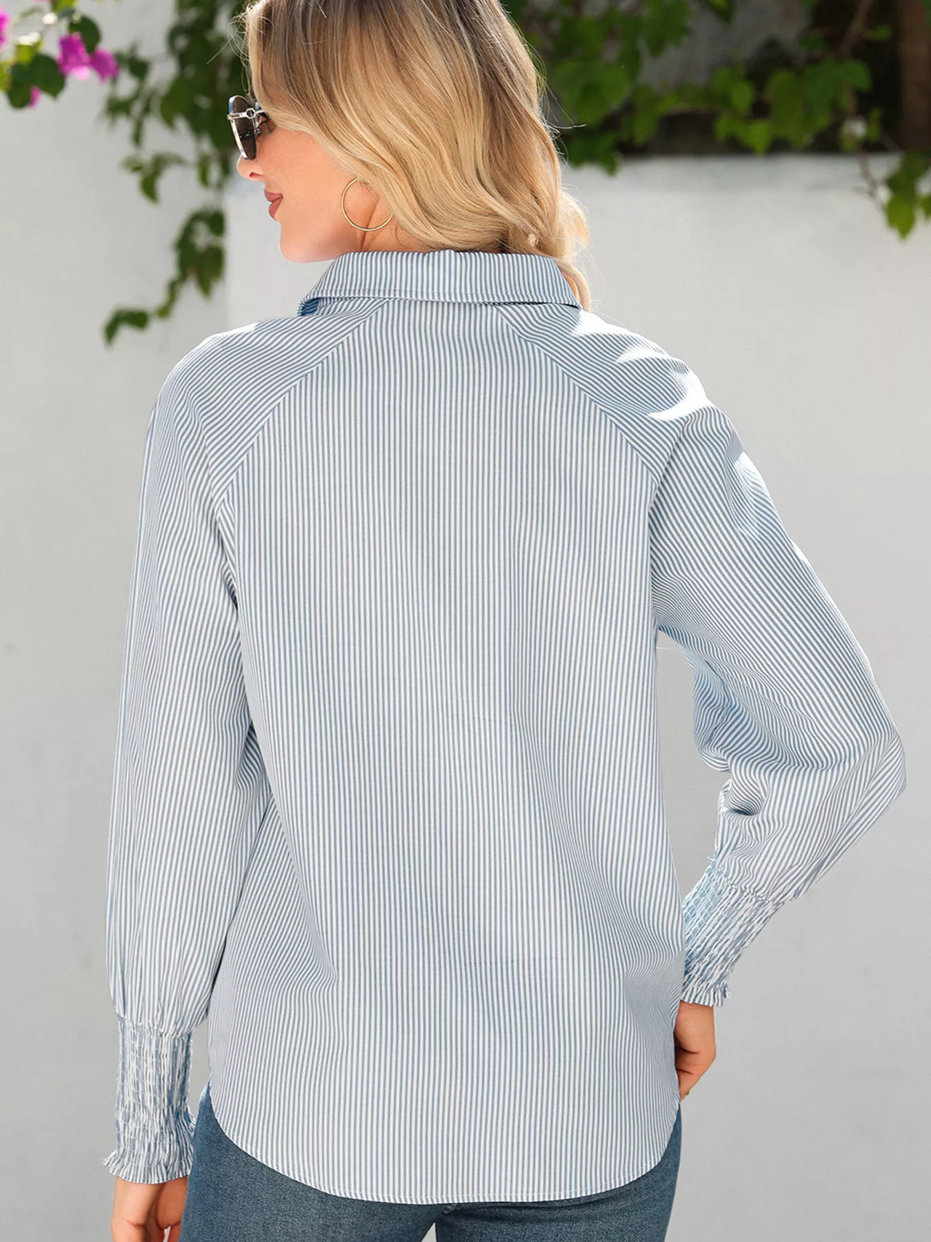 Pinstripe Long Sleeve Smocked Cuffs Button Shirt Collar Blouse - Image 14