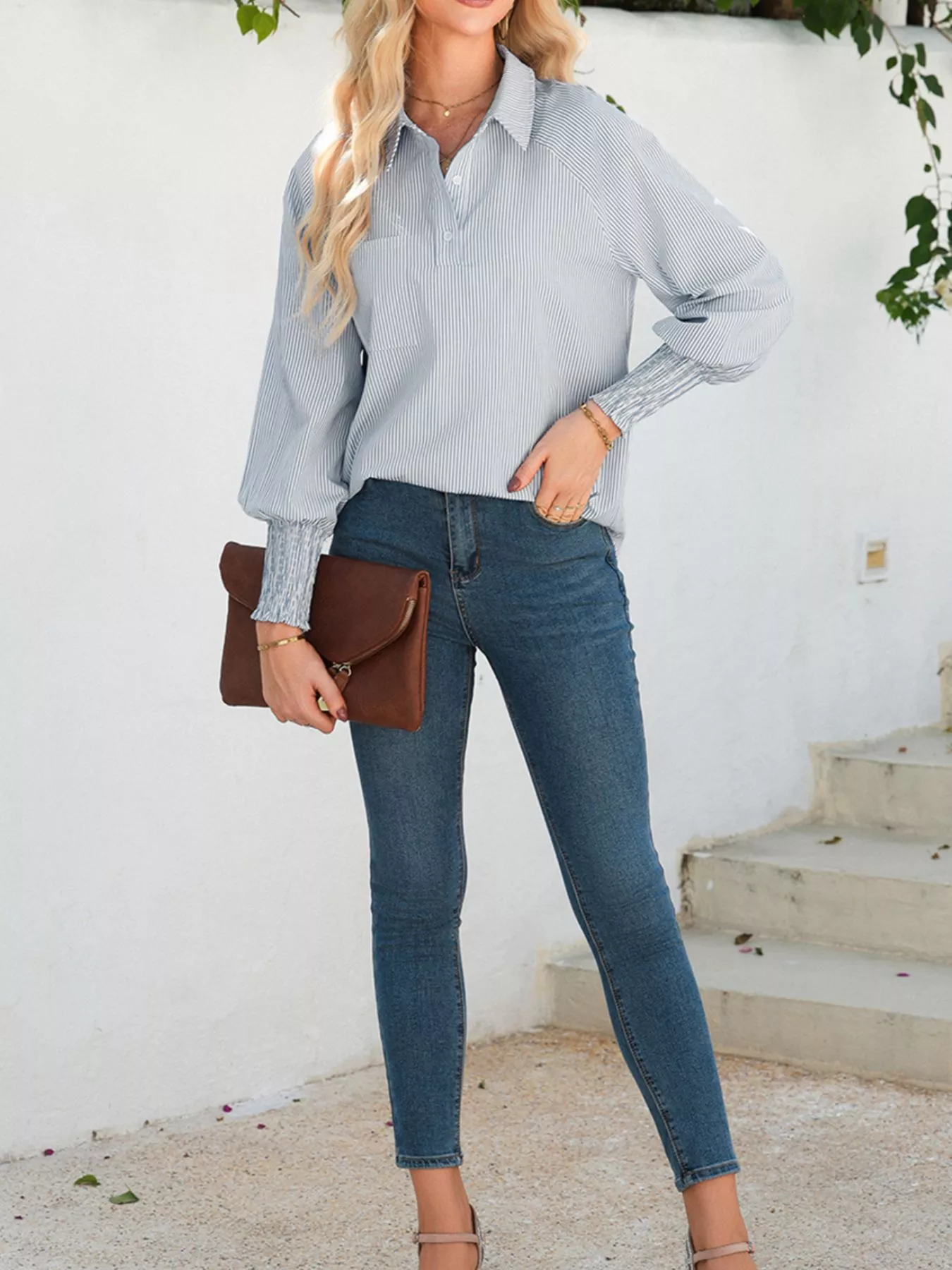 Pinstripe Long Sleeve Smocked Cuffs Button Shirt Collar Blouse - Image 15