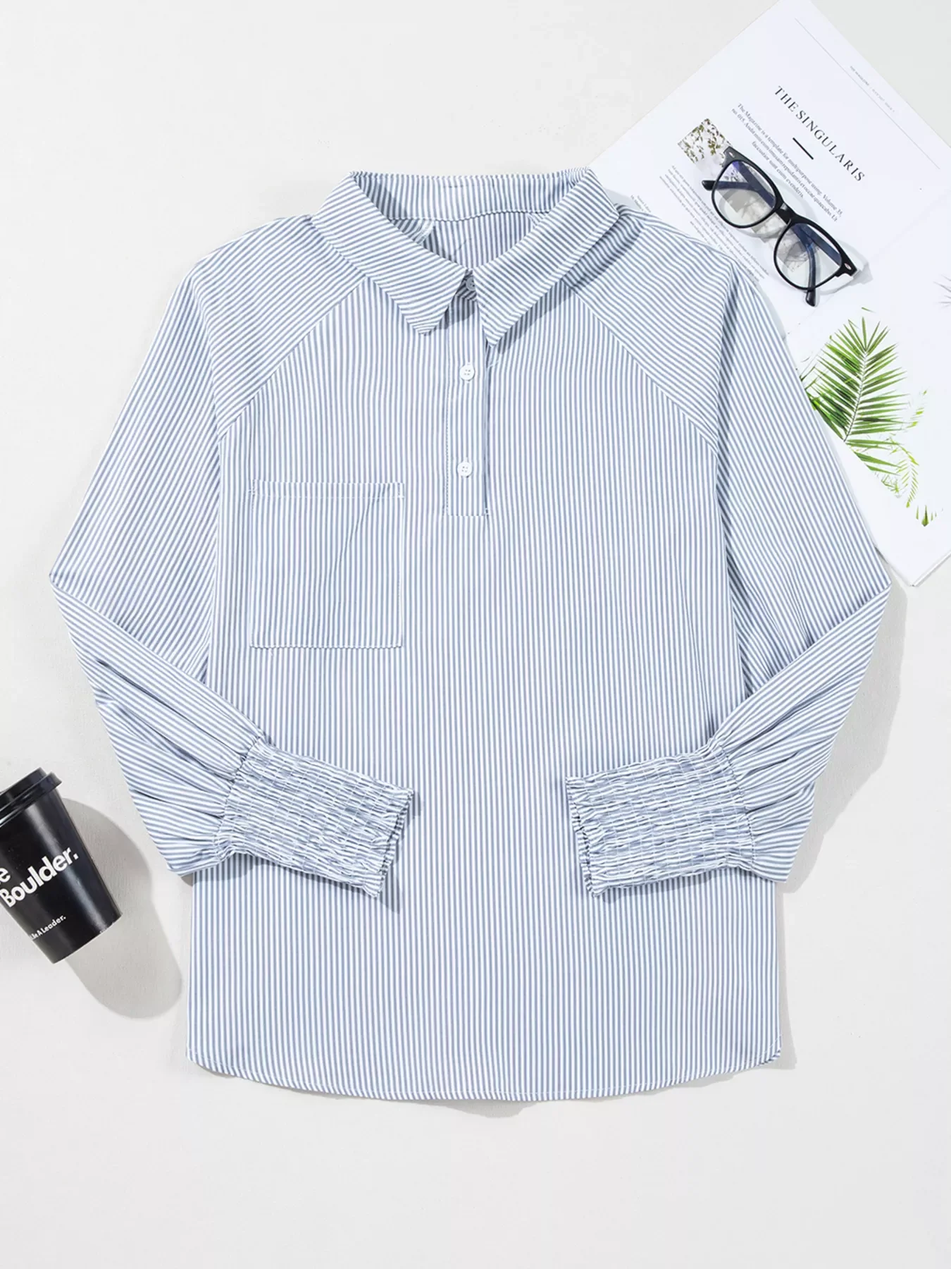 Pinstripe Long Sleeve Smocked Cuffs Button Shirt Collar Blouse - Image 16