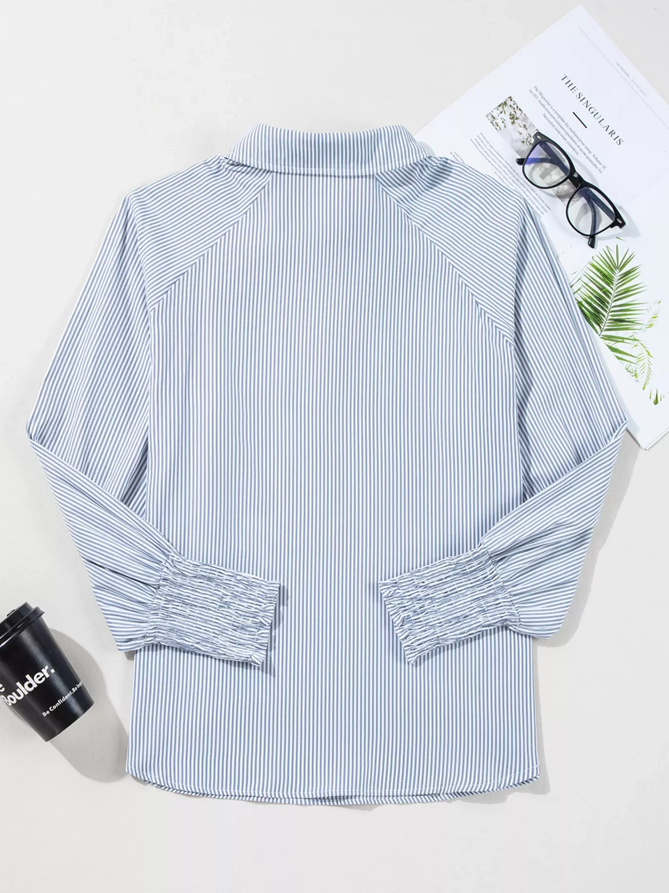 Pinstripe Long Sleeve Smocked Cuffs Button Shirt Collar Blouse - Image 17