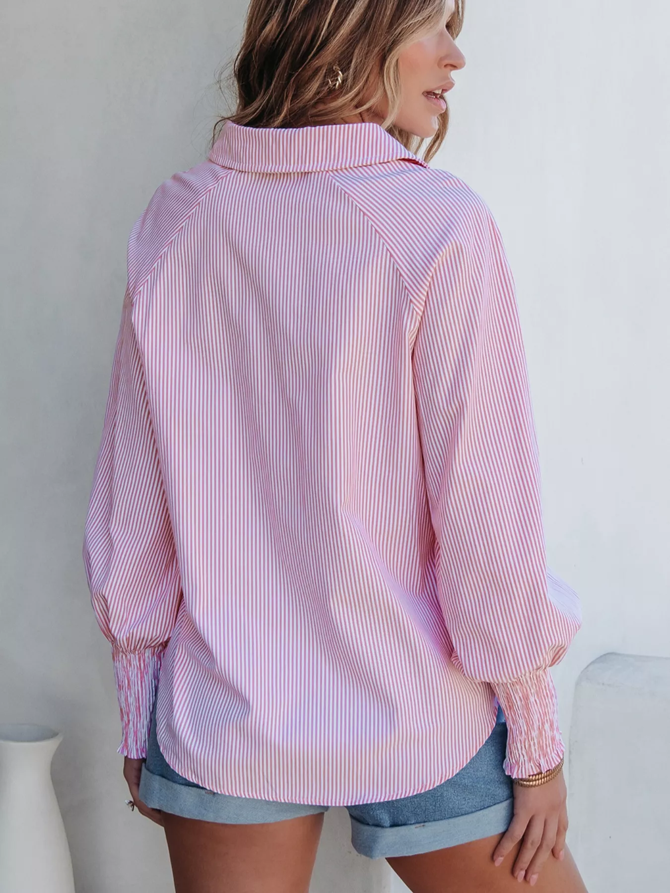 Pinstripe Long Sleeve Smocked Cuffs Button Shirt Collar Blouse - Image 2