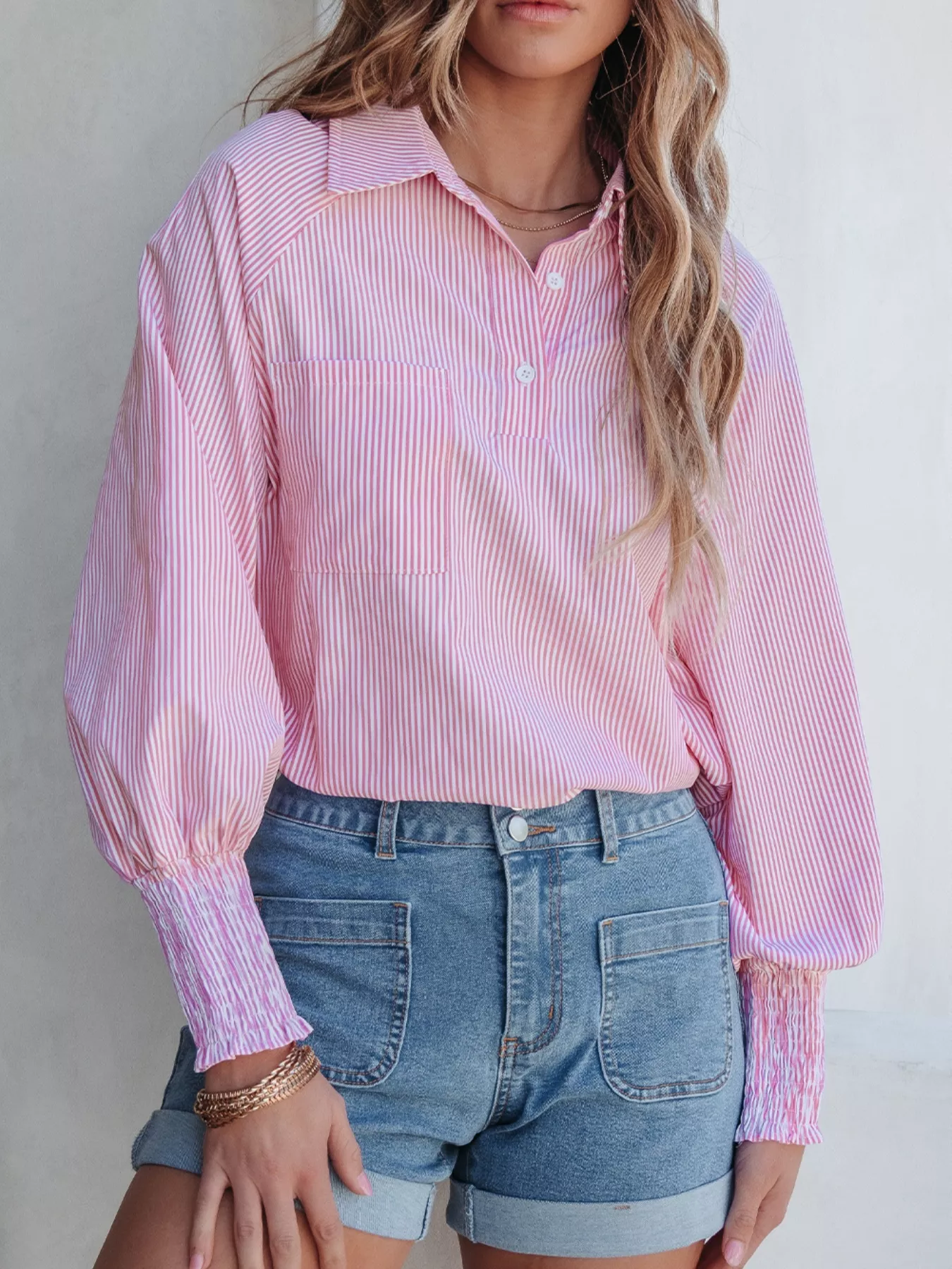 Pinstripe Long Sleeve Smocked Cuffs Button Shirt Collar Blouse - Image 3