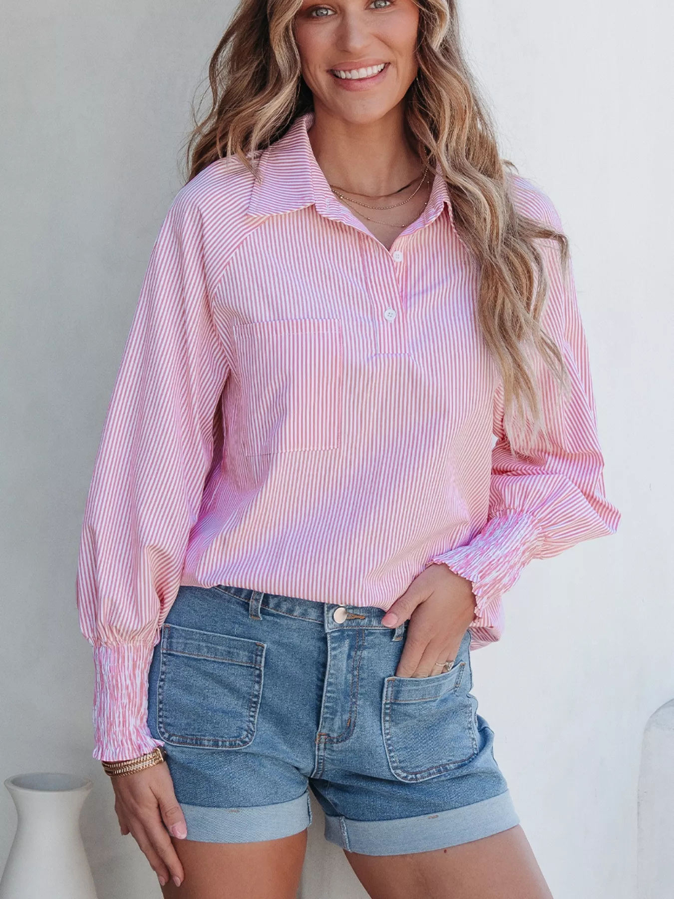 Pinstripe Long Sleeve Smocked Cuffs Button Shirt Collar Blouse - Image 4