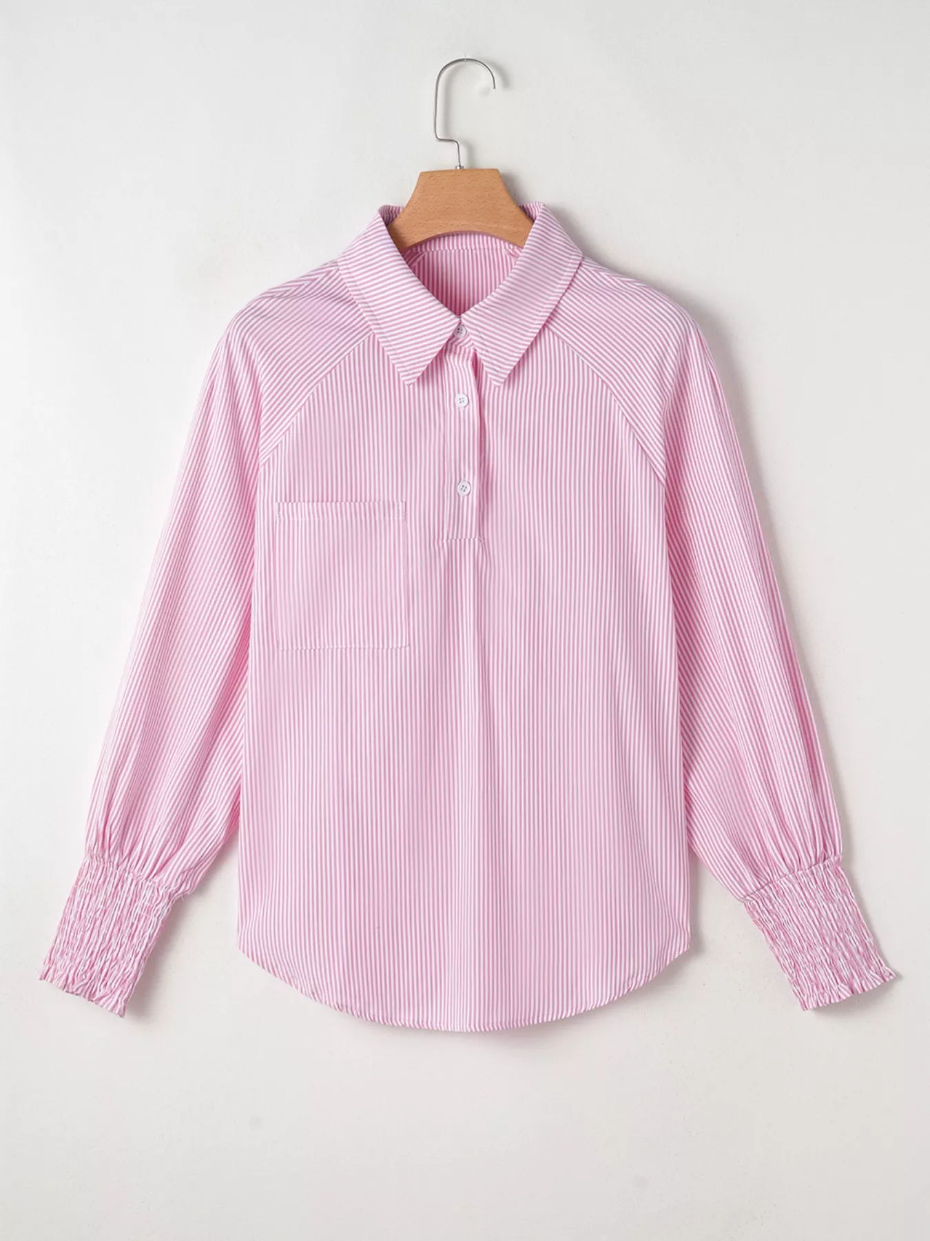 Pinstripe Long Sleeve Smocked Cuffs Button Shirt Collar Blouse - Image 6
