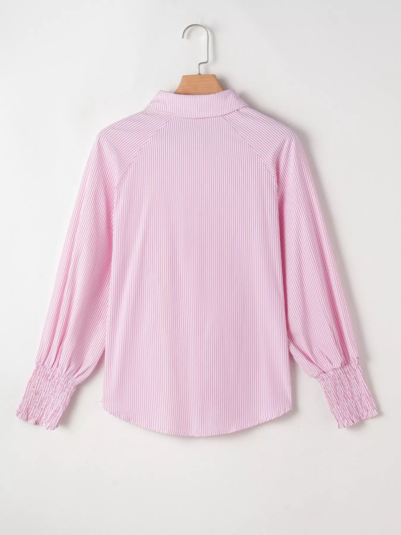 Pinstripe Long Sleeve Smocked Cuffs Button Shirt Collar Blouse - Image 7