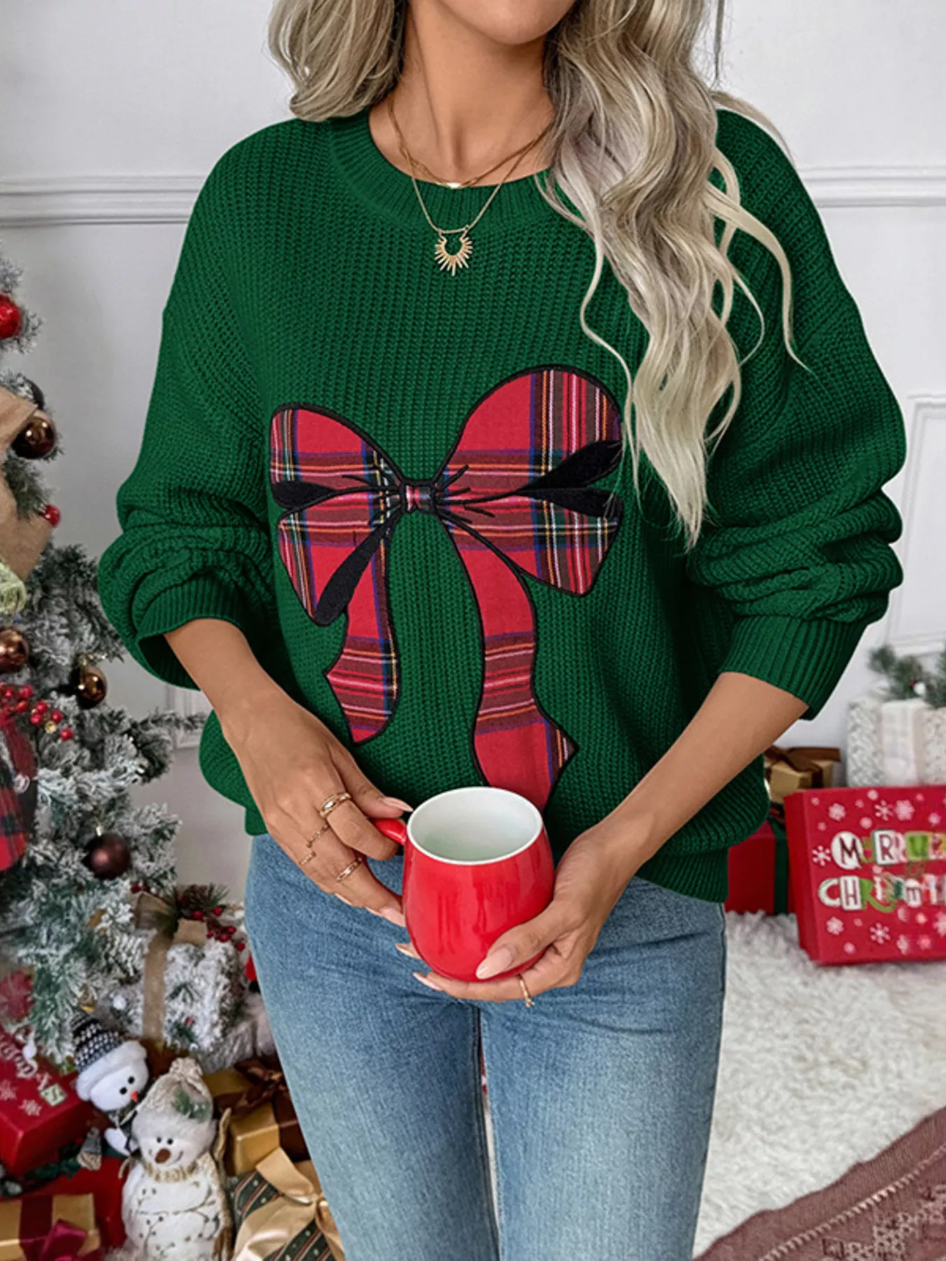 Plaid Bow Round Neck Christmas Sweater