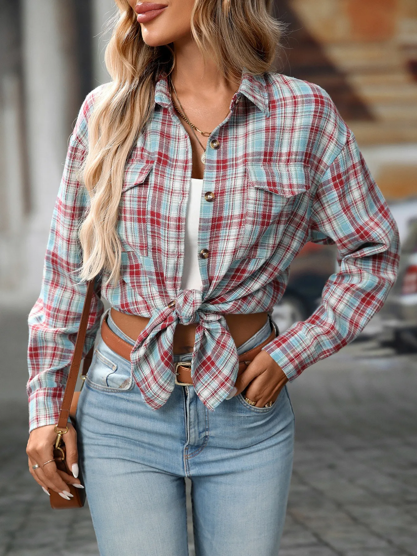 Plaid Button-Down Oversized Shirt - Image 2
