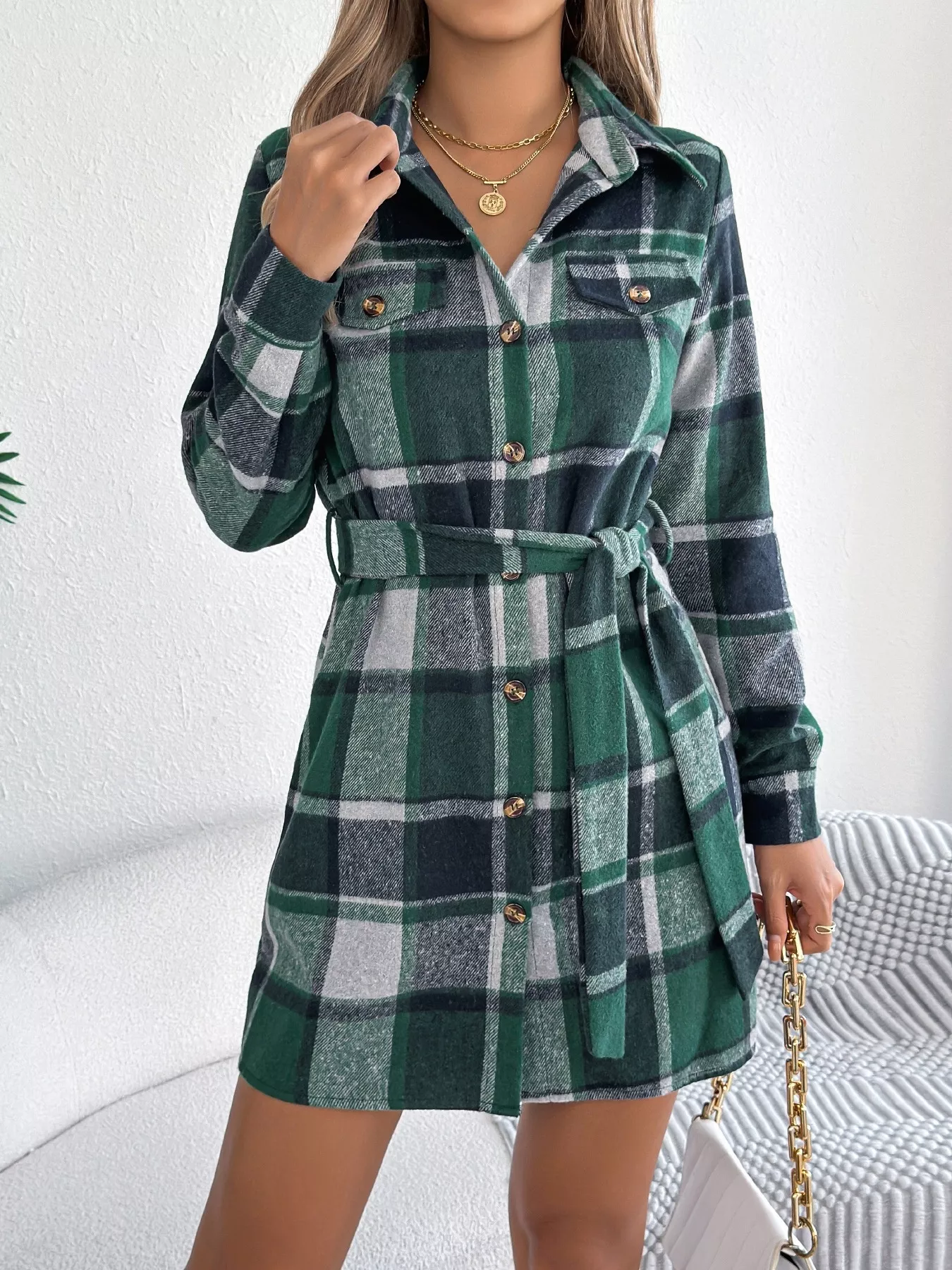 Plaid Button Front Tie Waist Shirt Dress - Image 2