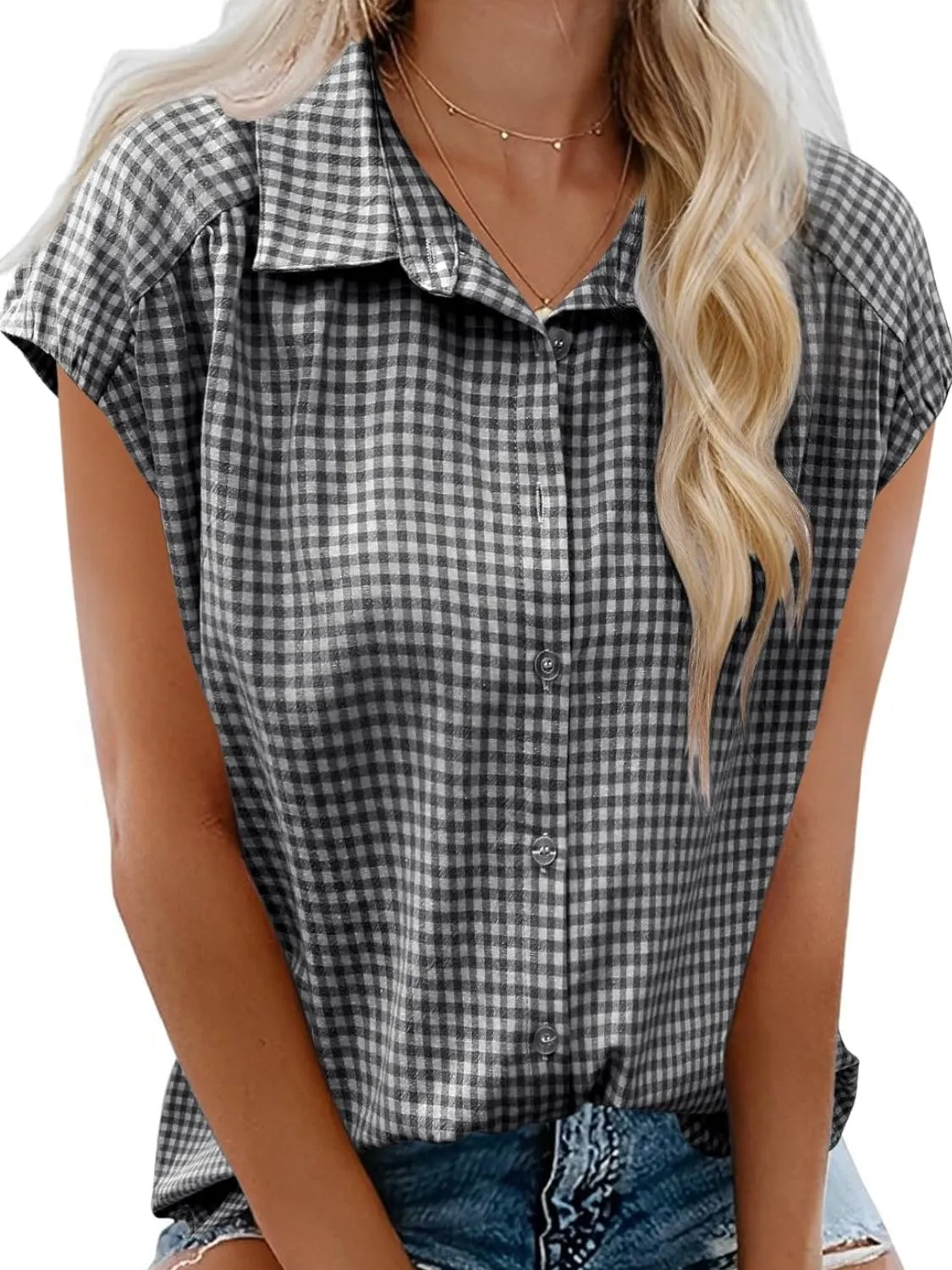 Plaid Button Up Cap Sleeve Shirt - Image 11