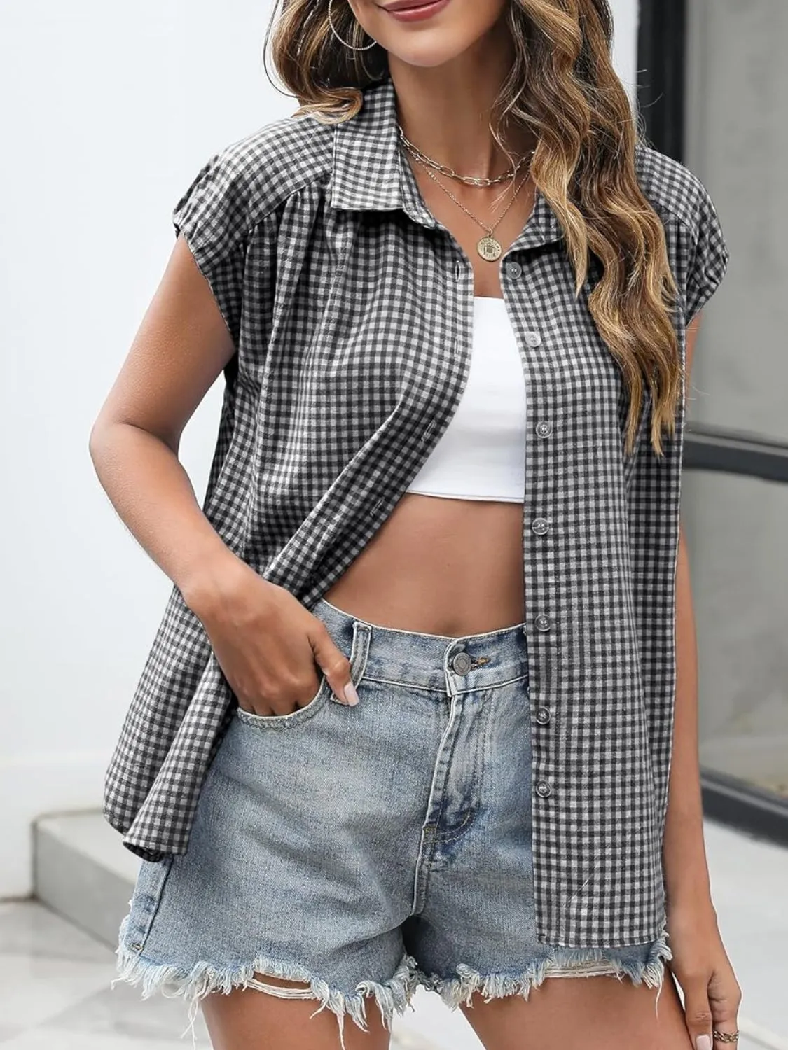 Plaid Button Up Cap Sleeve Shirt - Image 12