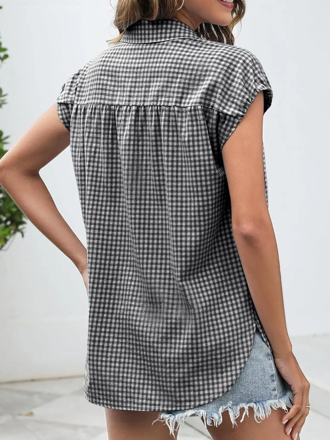 Plaid Button Up Cap Sleeve Shirt - Image 13
