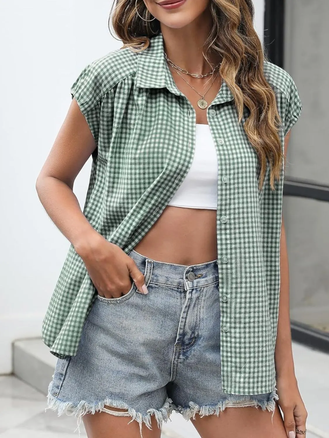 Plaid Button Up Cap Sleeve Shirt - Image 17