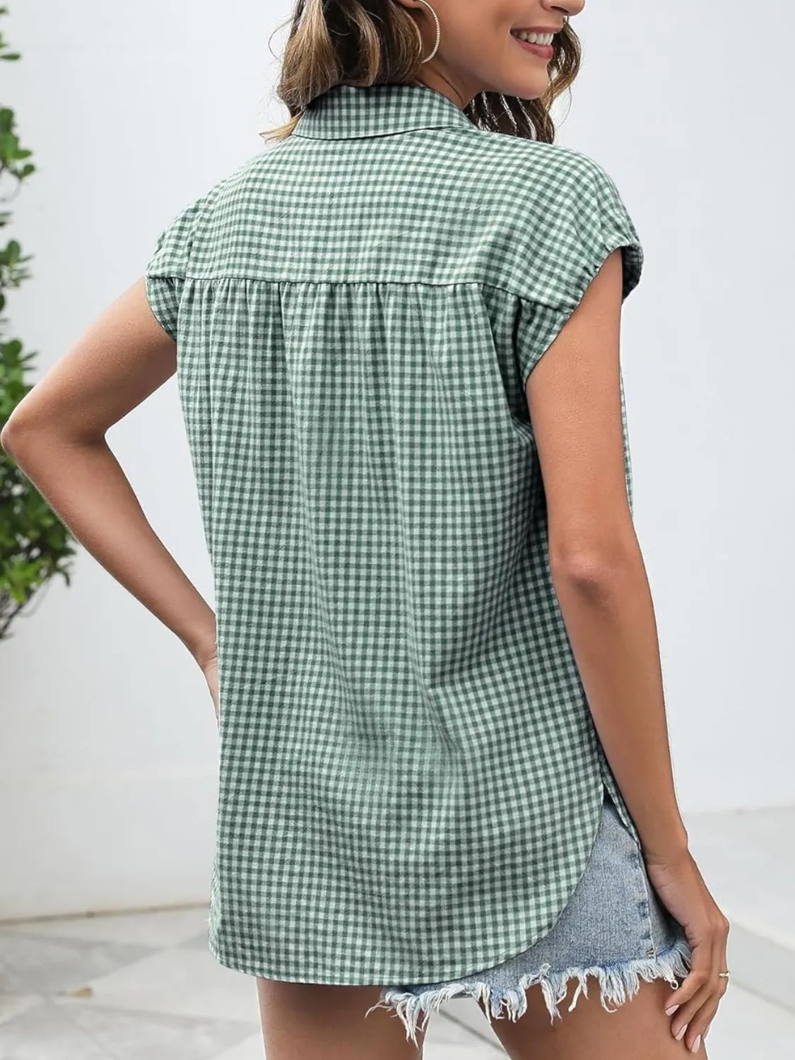 Plaid Button Up Cap Sleeve Shirt - Image 18
