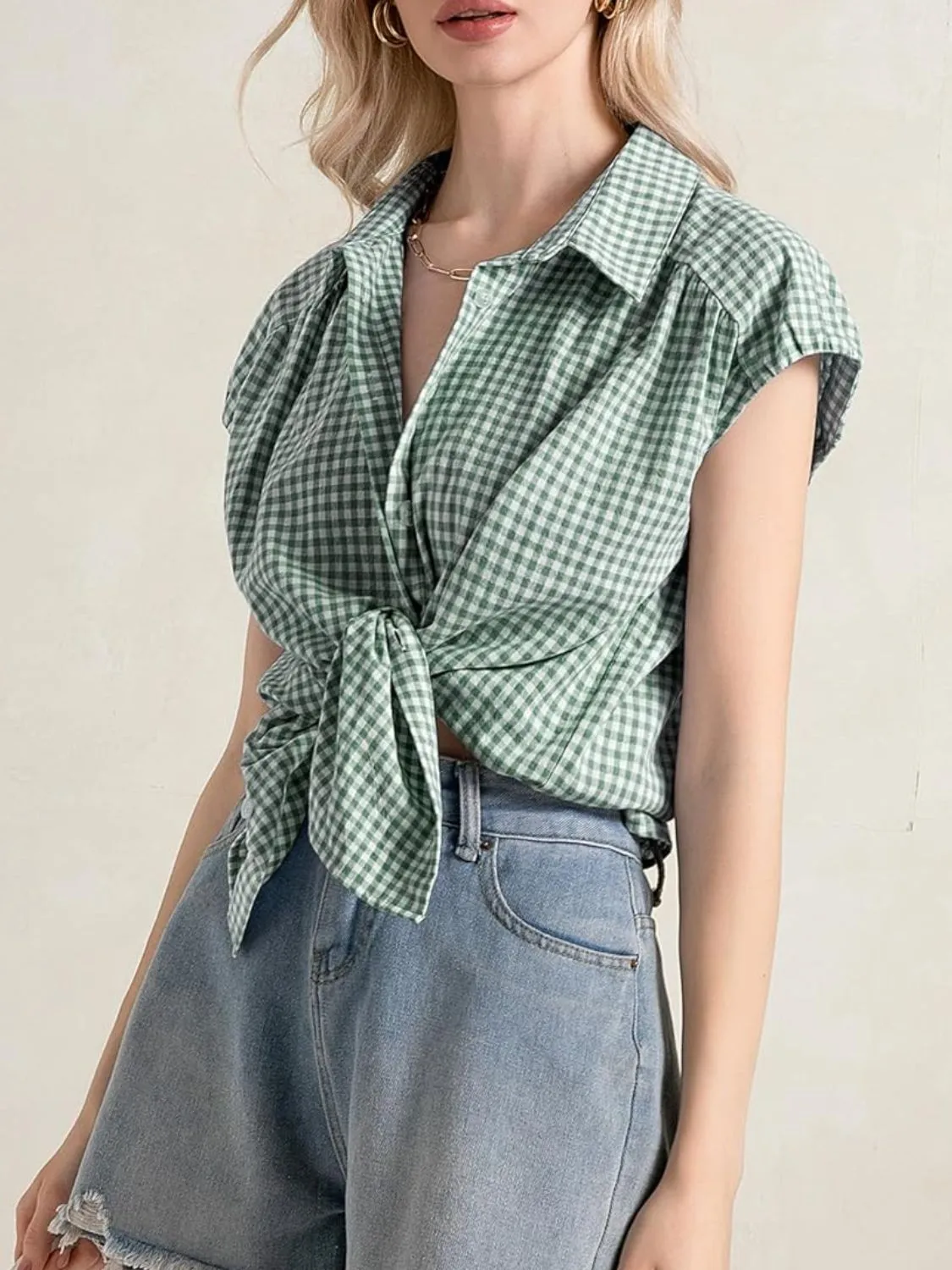 Plaid Button Up Cap Sleeve Shirt - Image 19