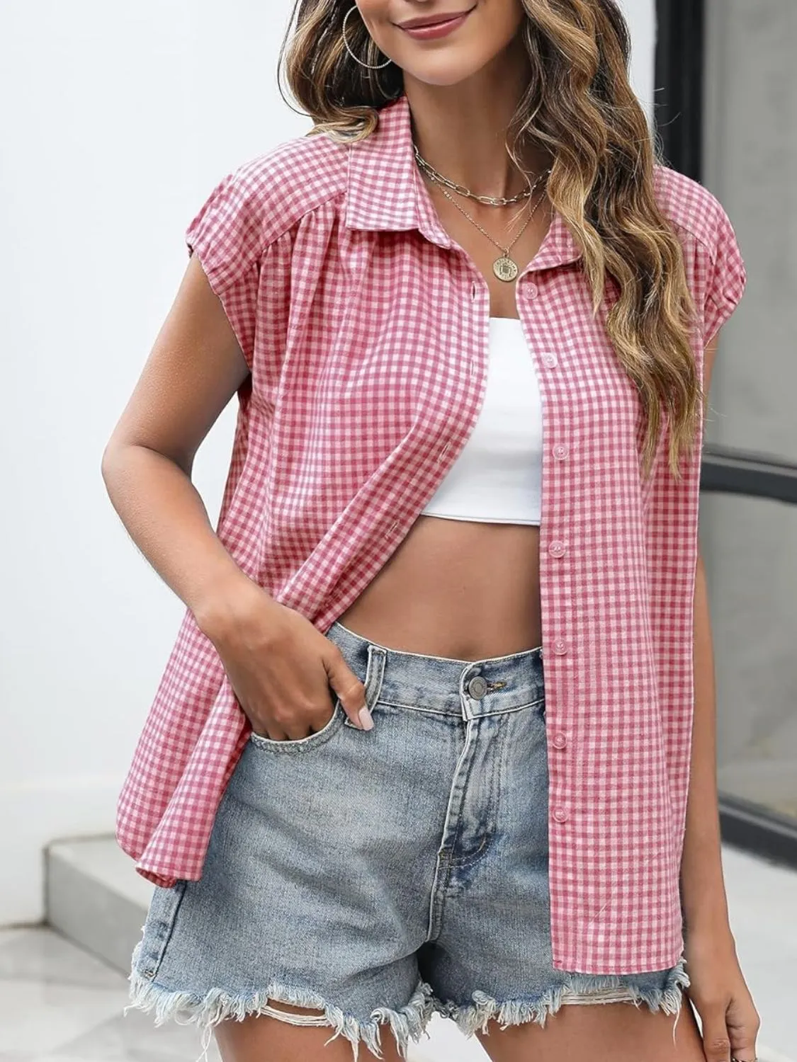 Plaid Button Up Cap Sleeve Shirt - Image 22