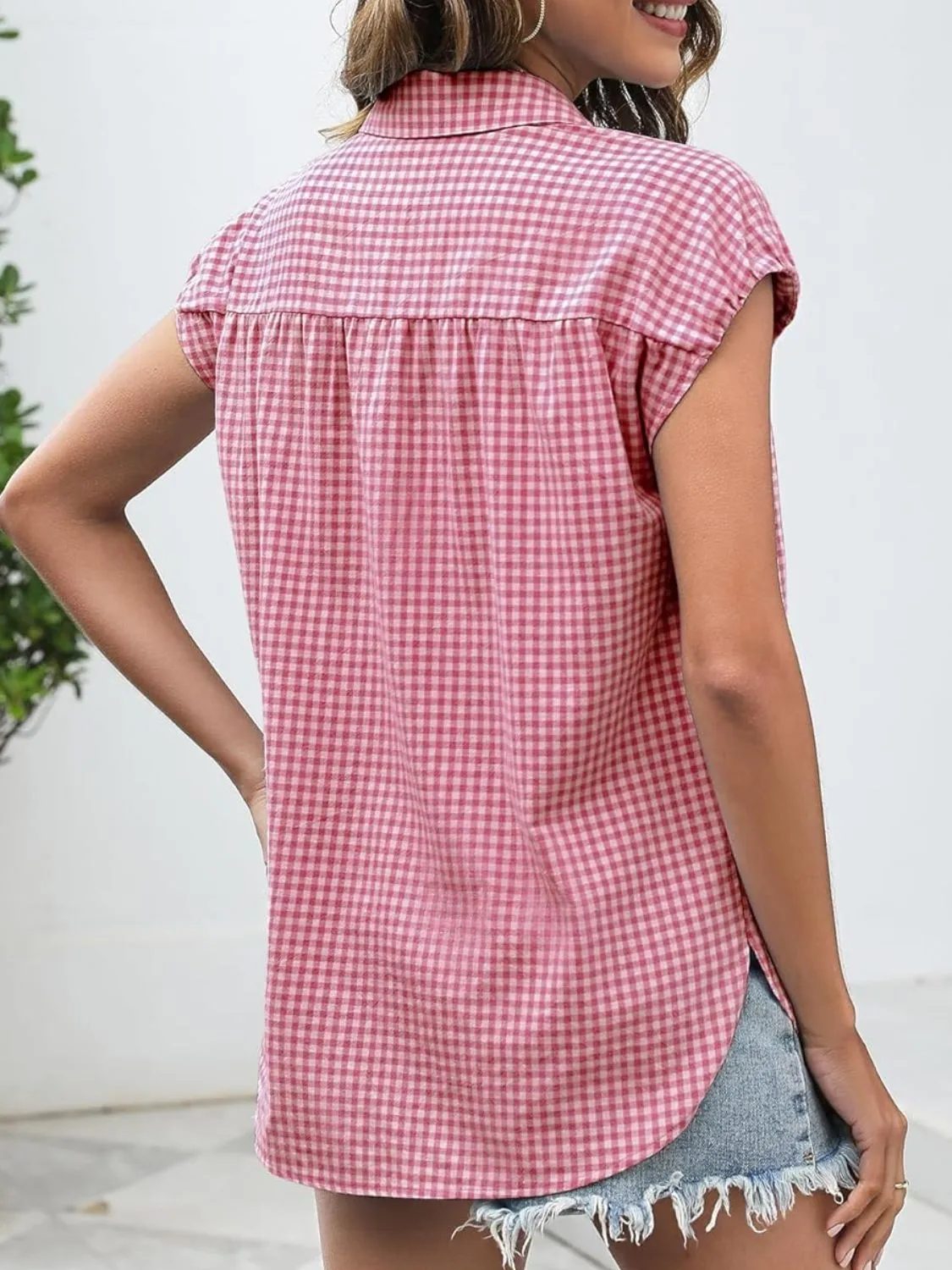Plaid Button Up Cap Sleeve Shirt - Image 23
