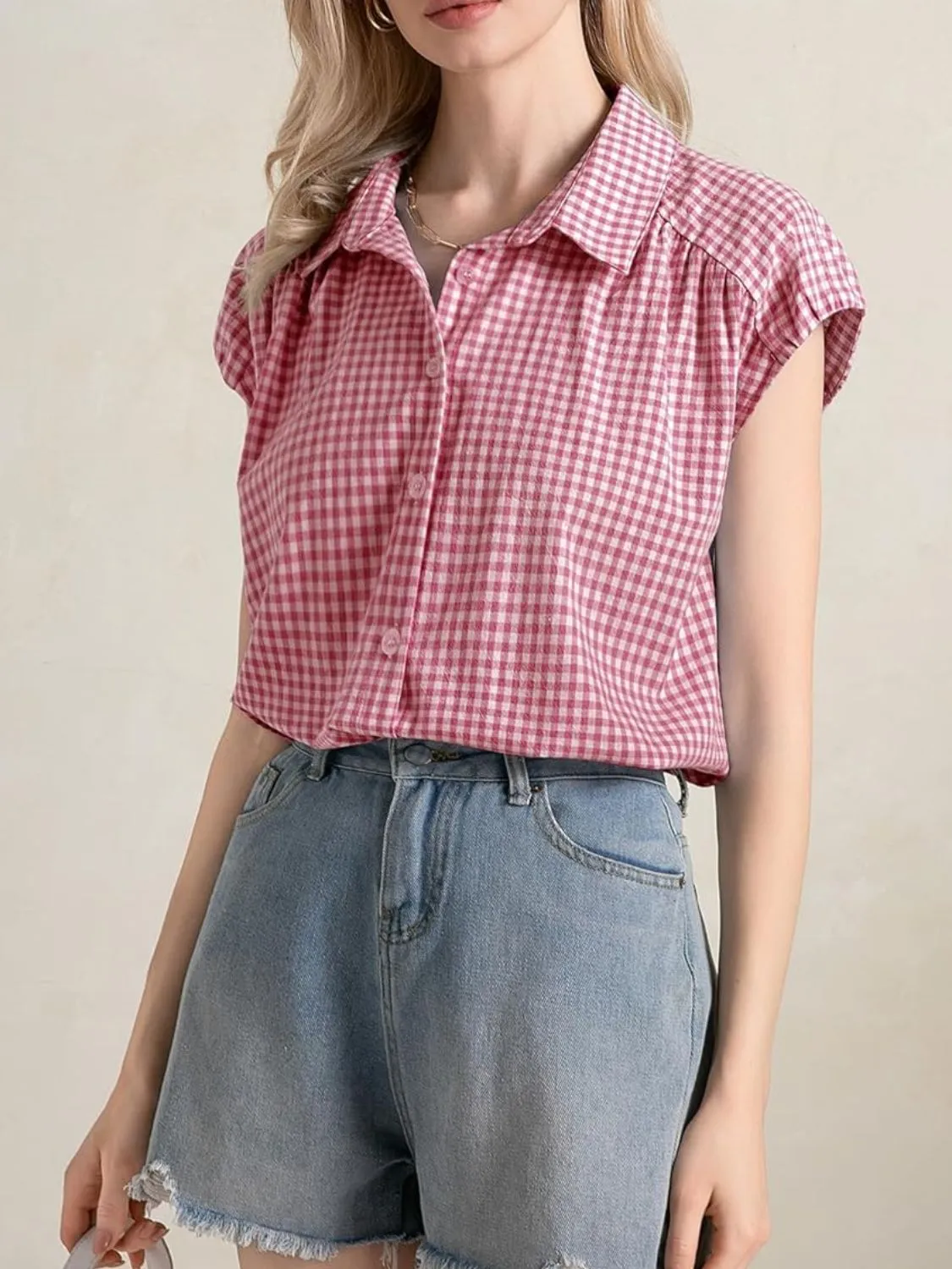 Plaid Button Up Cap Sleeve Shirt - Image 25