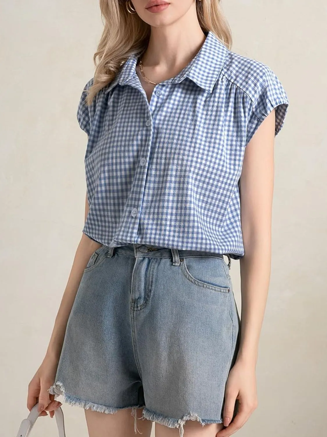 Plaid Button Up Cap Sleeve Shirt - Image 4