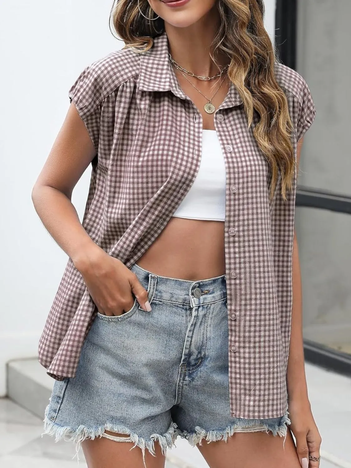 Plaid Button Up Cap Sleeve Shirt - Image 6