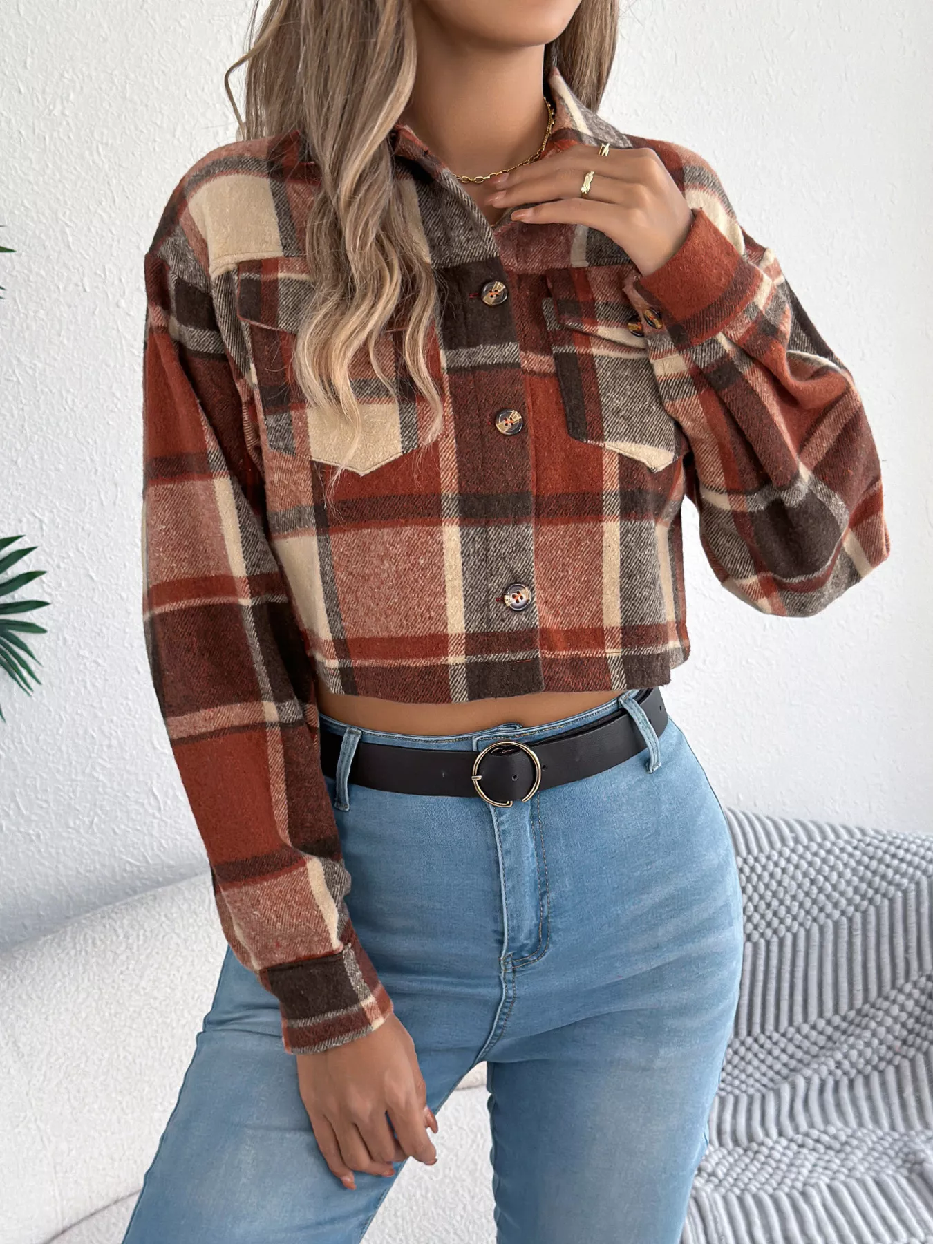 Plaid Button Up Cropped Jacket - Image 7