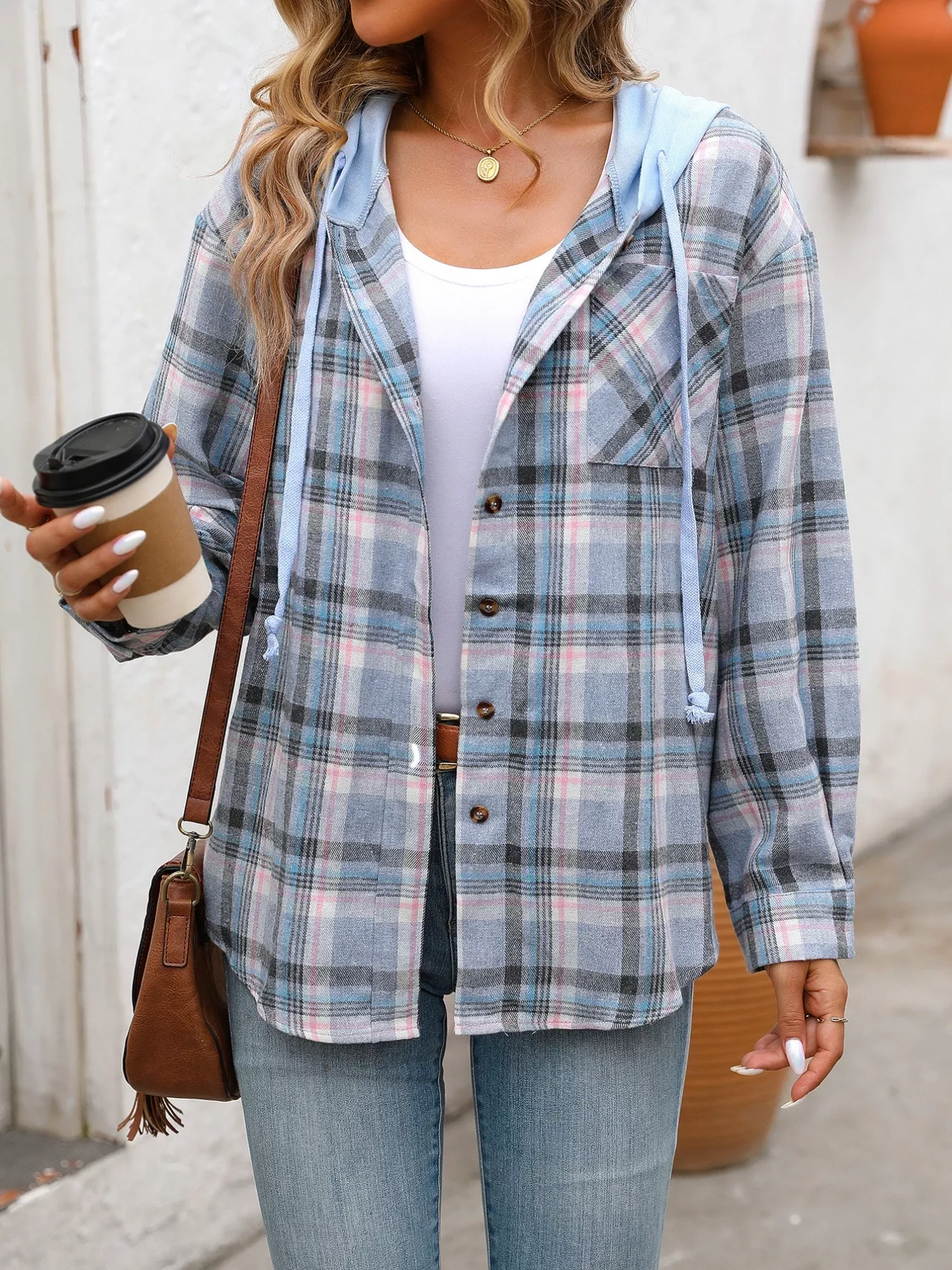 Plaid Button-Up Hooded Shirt - Image 11