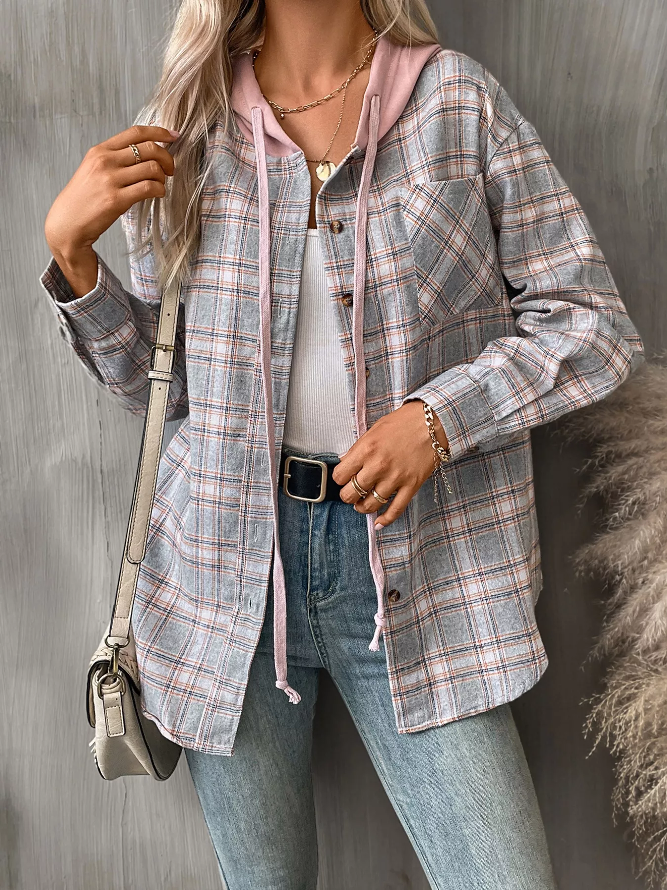 Plaid Button-Up Hooded Shirt - Image 24