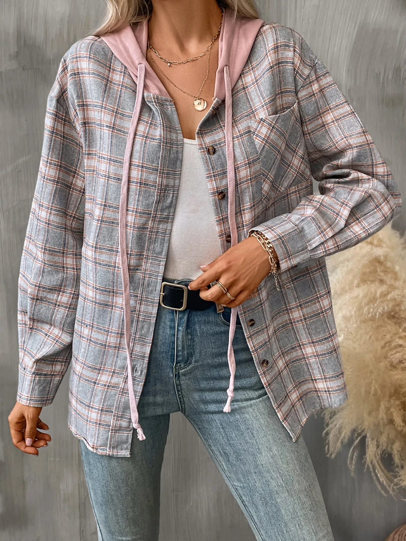 Plaid Button-Up Hooded Shirt - Image 25
