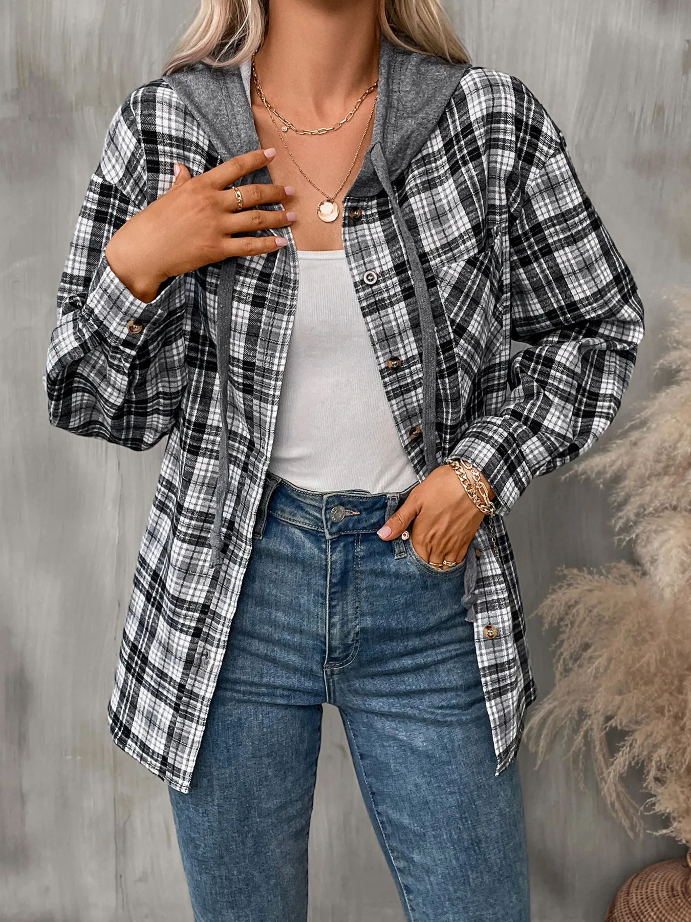 Plaid Button-Up Hooded Shirt - Image 28