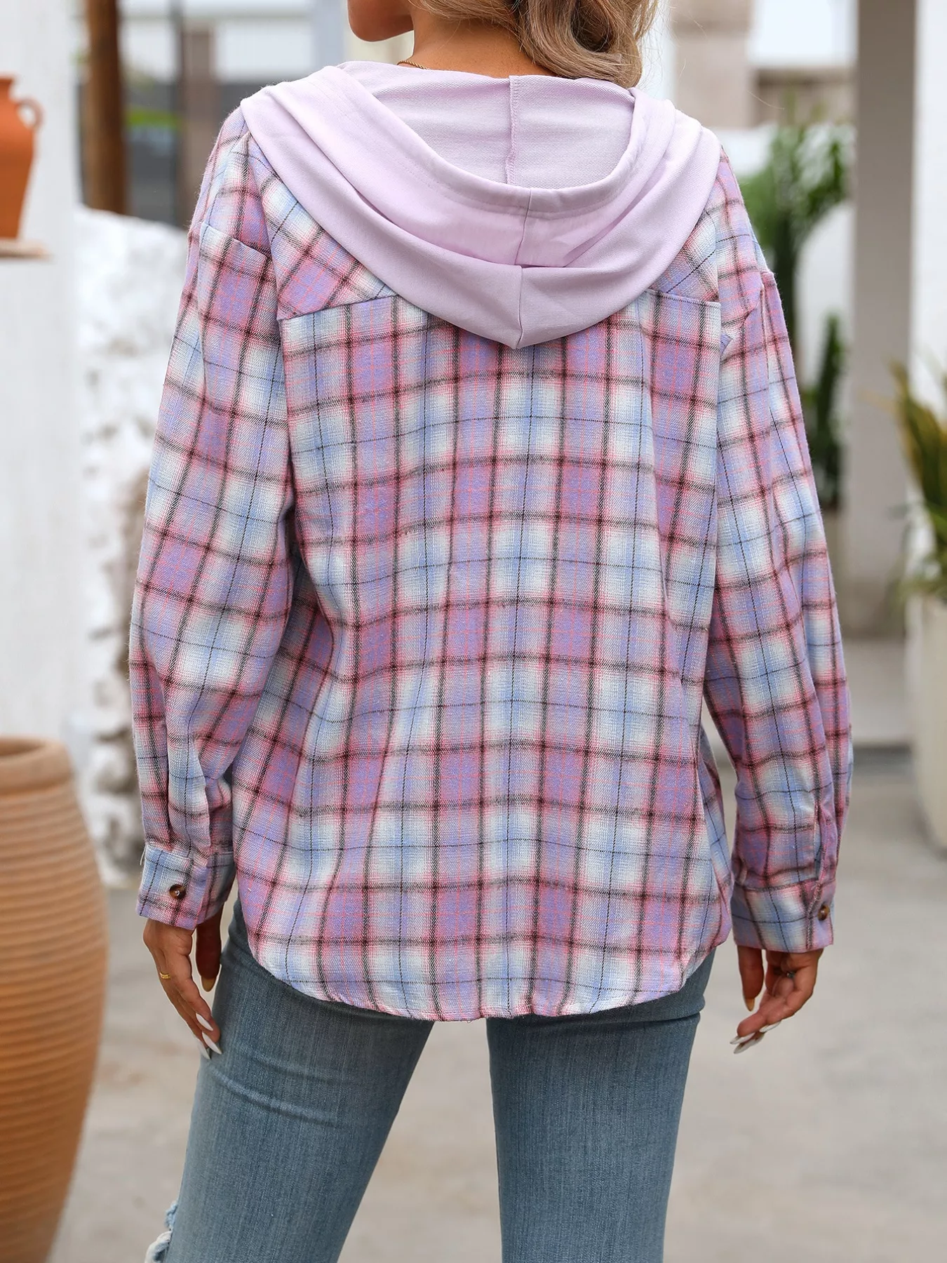 Plaid Button-Up Hooded Shirt - Image 3