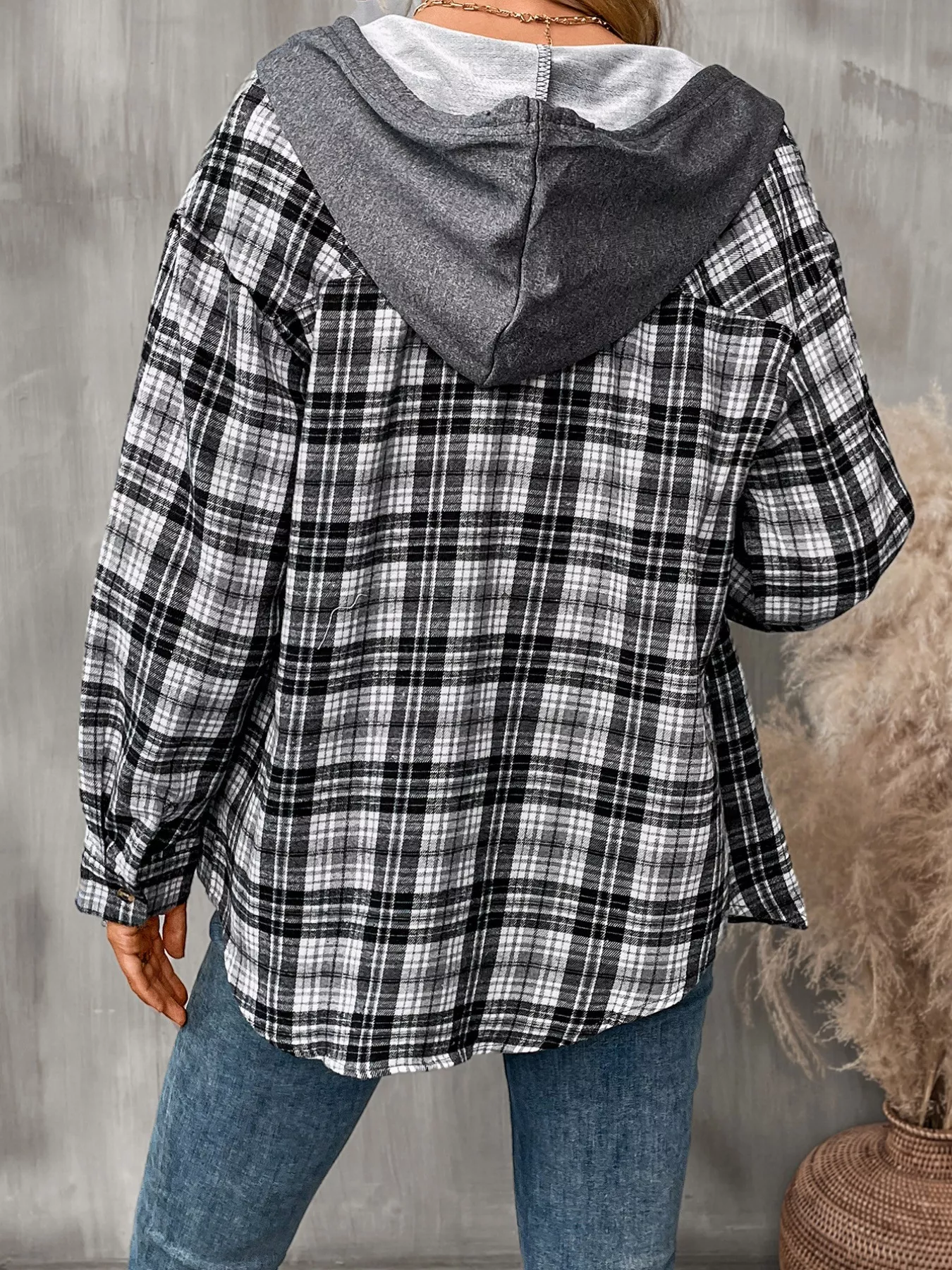 Plaid Button-Up Hooded Shirt - Image 31