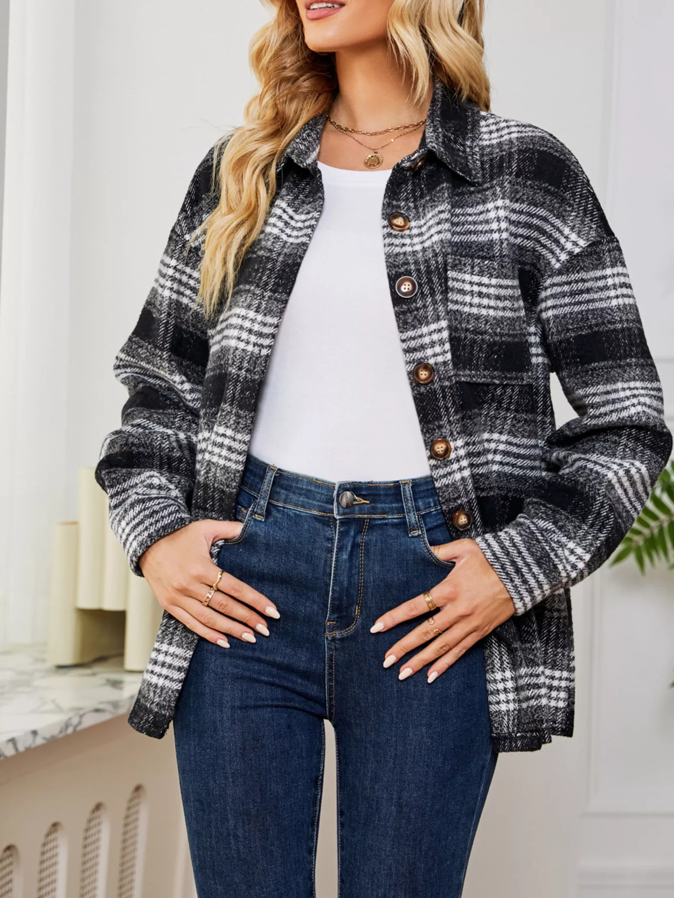Plaid Button Up Long Sleeve Shacket - Image 12