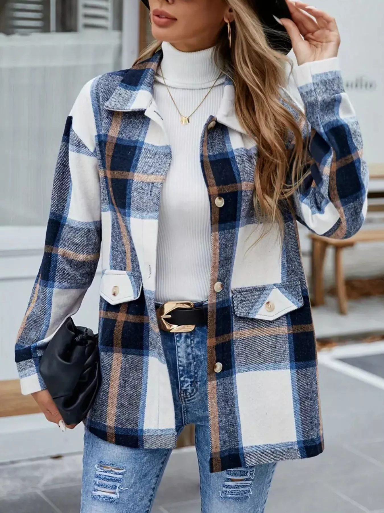 Plaid Button-Up Long Sleeve Shacket - Image 3