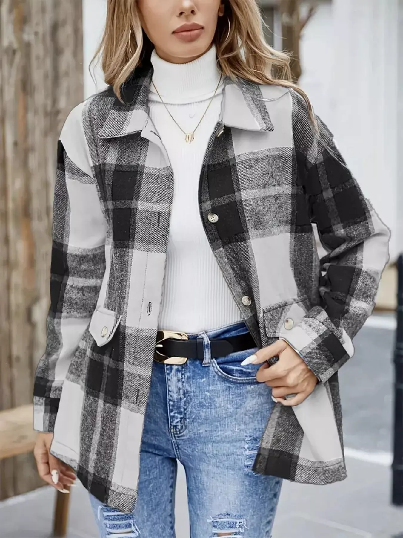 Plaid Button-Up Long Sleeve Shacket - Image 9