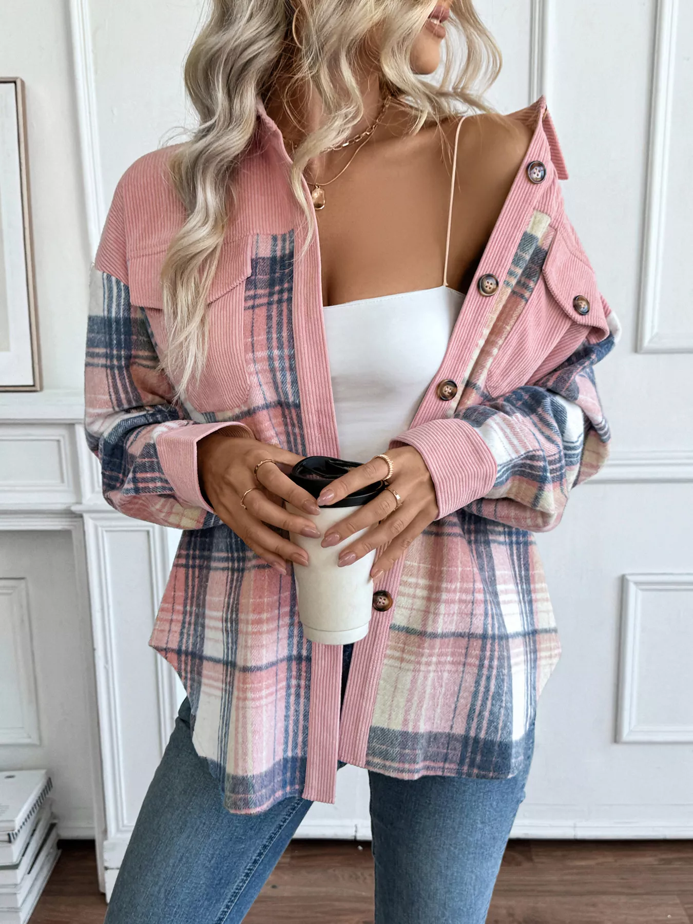 Plaid Button-Up Shacket with Chest Pockets - Image 6