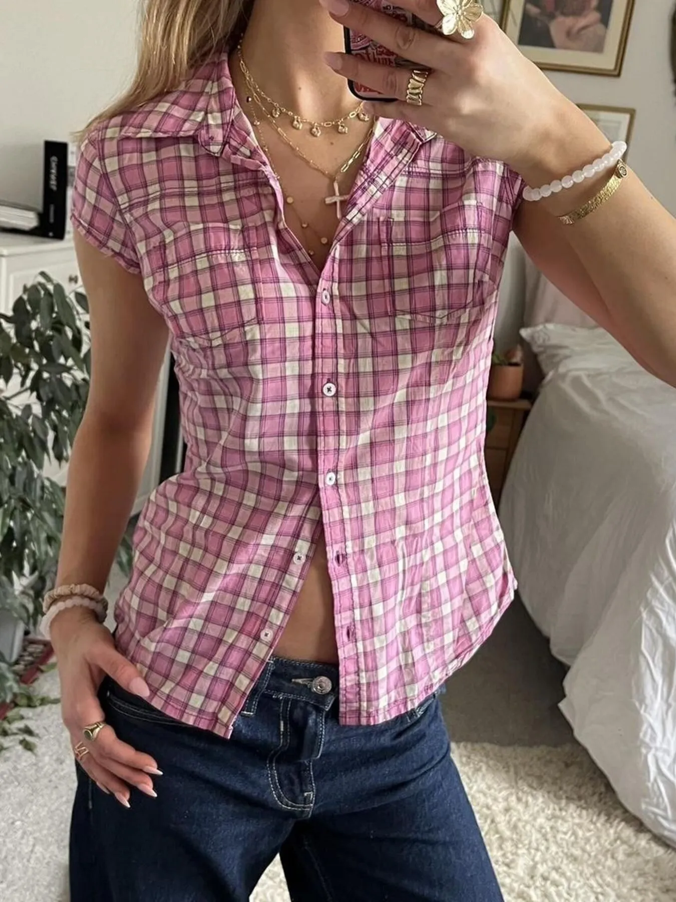Plaid Cap Sleeve Button-Up Shirt - Image 2