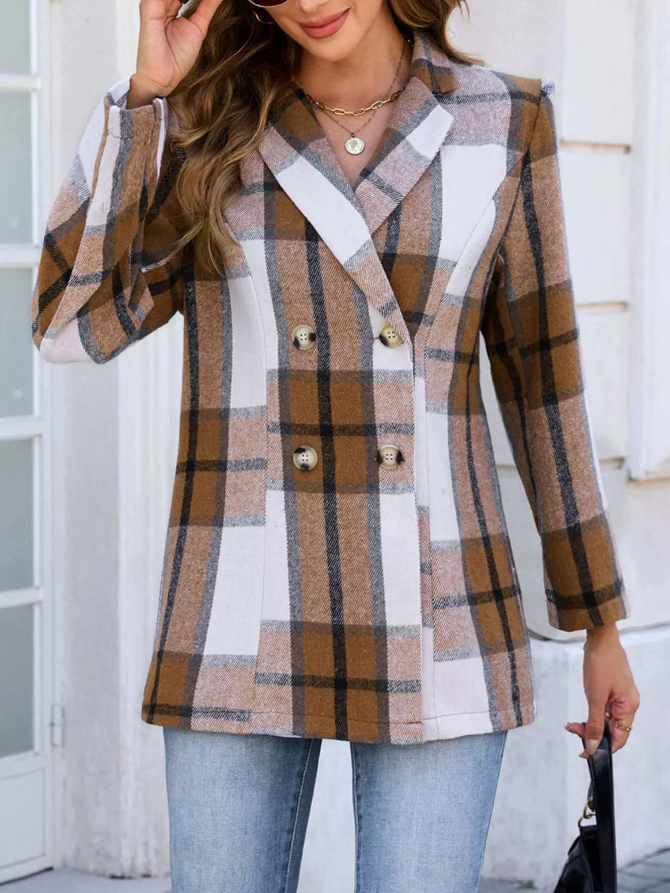 Plaid Double-Breasted Blazer - Image 4