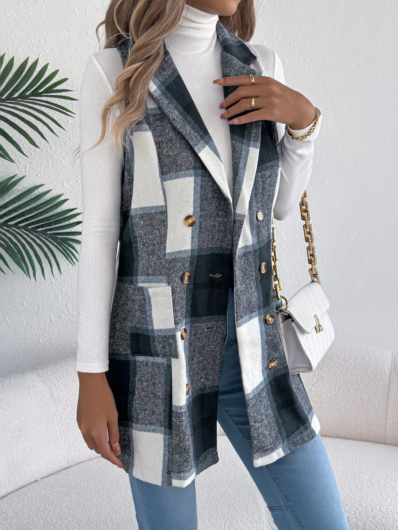 Plaid Double-Breasted Vest Coat - Image 14