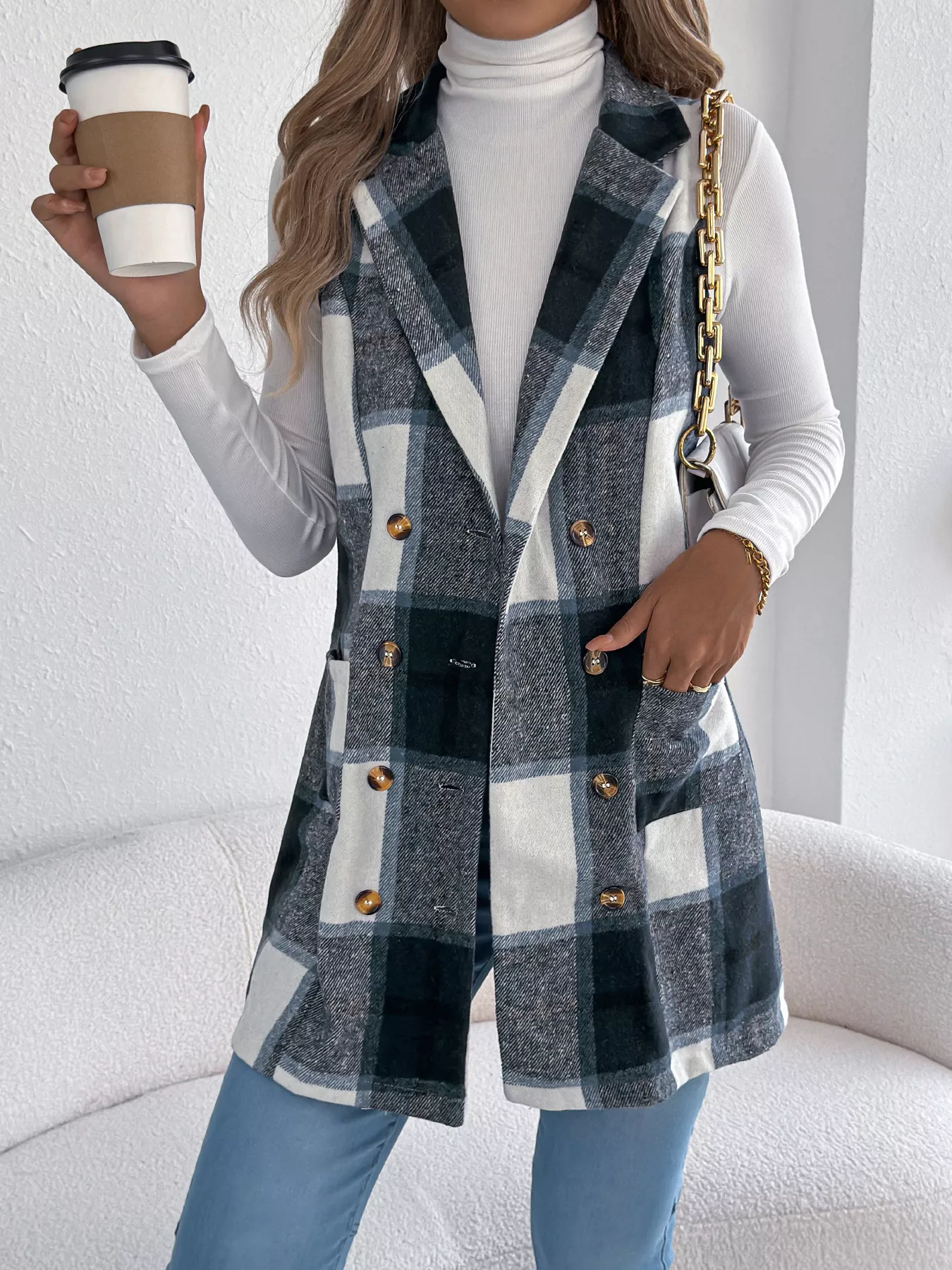 Plaid Double-Breasted Vest Coat - Image 16