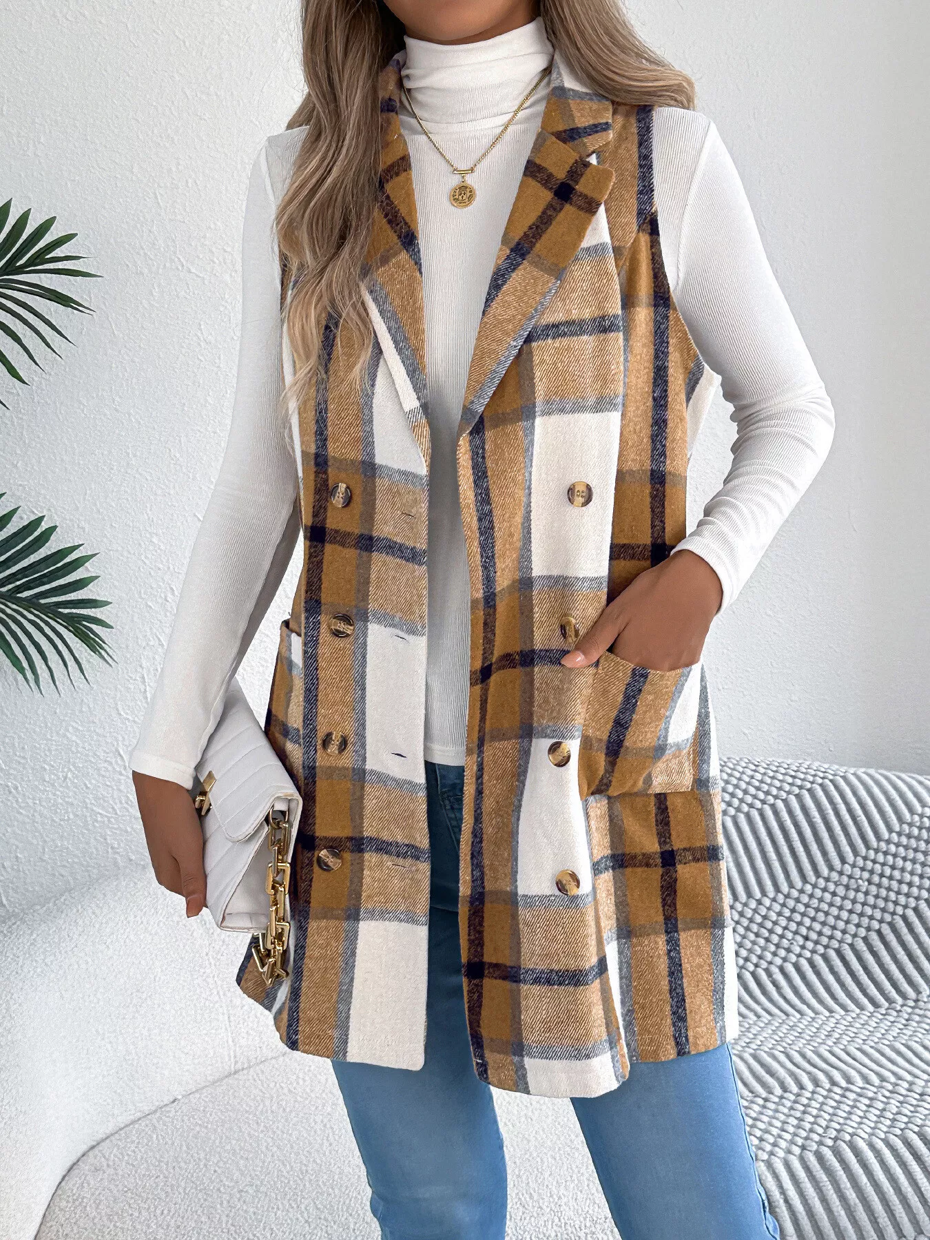 Plaid Double-Breasted Vest Coat - Image 2