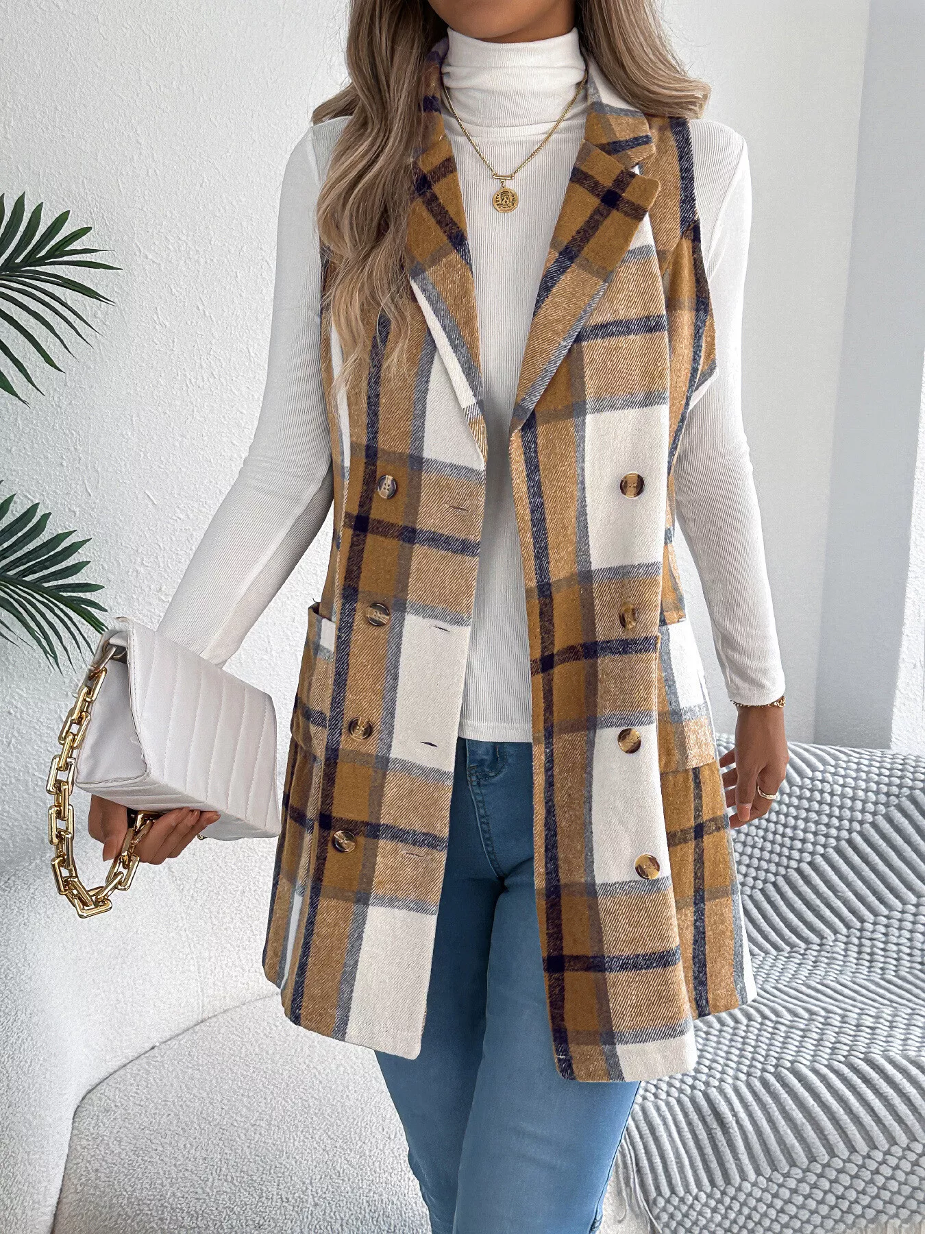 Plaid Double-Breasted Vest Coat - Image 3