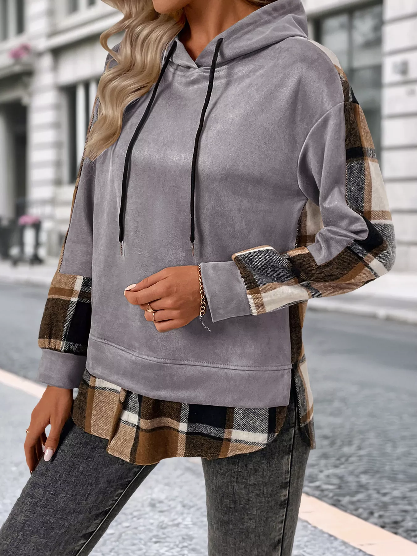 Plaid Drawstring Long Sleeve Hoodie - Image 11